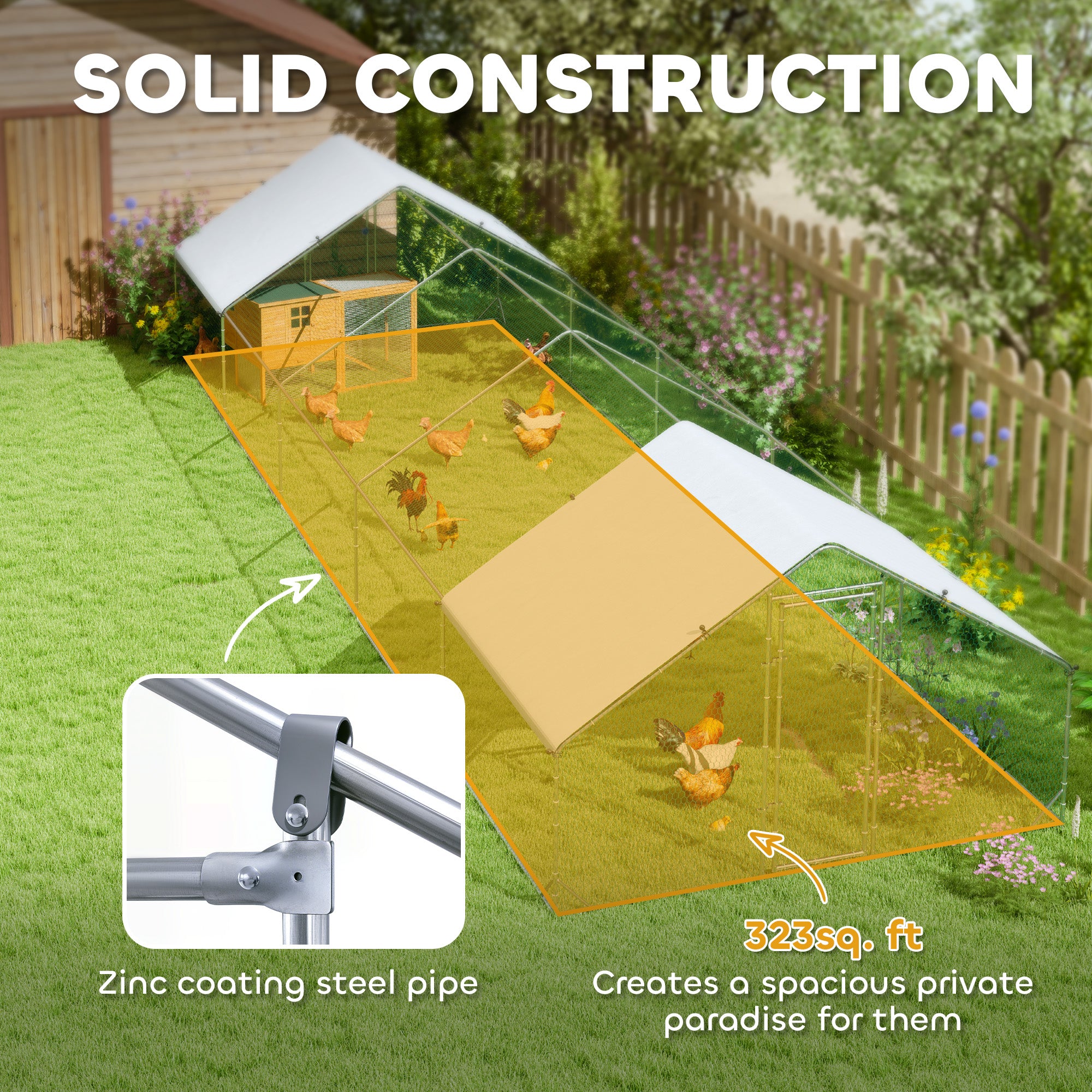 Metal Chicken Coop, Walk-in Large Chicken Run, Poultry Cage for Backyard Hen, Duck, Rabbit with Water- and UV-Protection Cover, for 30-40 Chickens, 9.8' x 32.8' x 6.4'