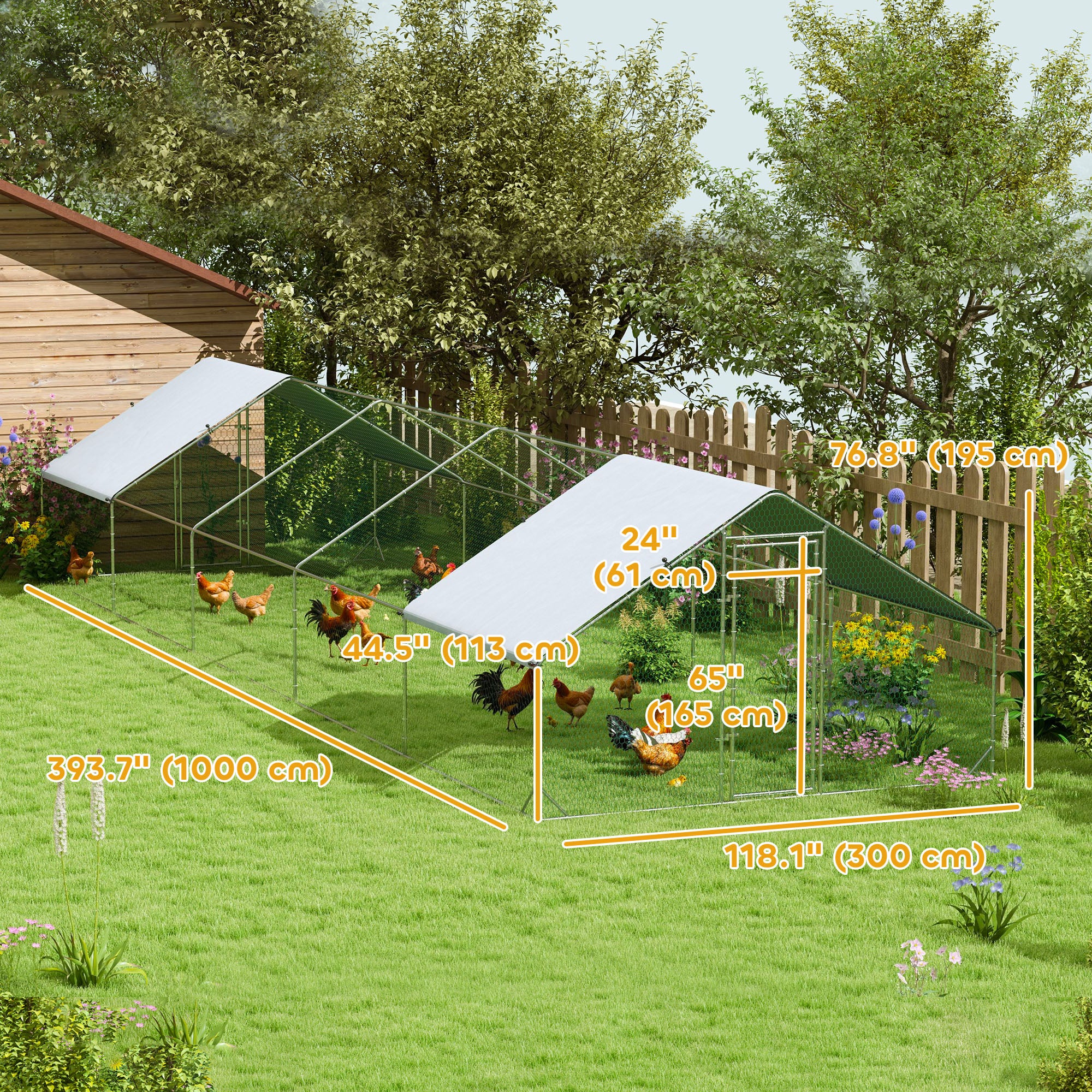 Metal Chicken Coop, Walk-in Large Chicken Run, Poultry Cage for Backyard Hen, Duck, Rabbit with Water- and UV-Protection Cover, for 30-40 Chickens, 9.8' x 32.8' x 6.4'