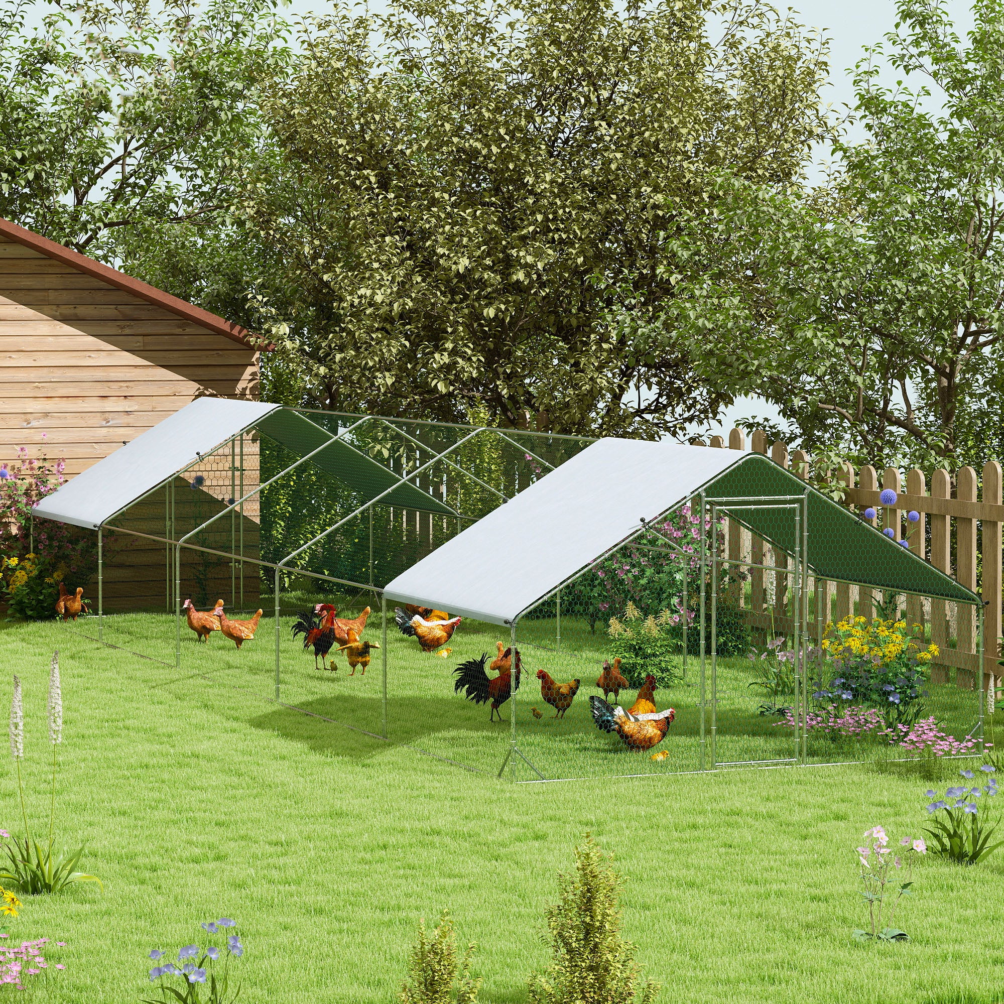 Metal Chicken Coop, Walk-in Large Chicken Run, Poultry Cage for Backyard Hen, Duck, Rabbit with Water- and UV-Protection Cover, for 30-40 Chickens, 9.8' x 32.8' x 6.4'
