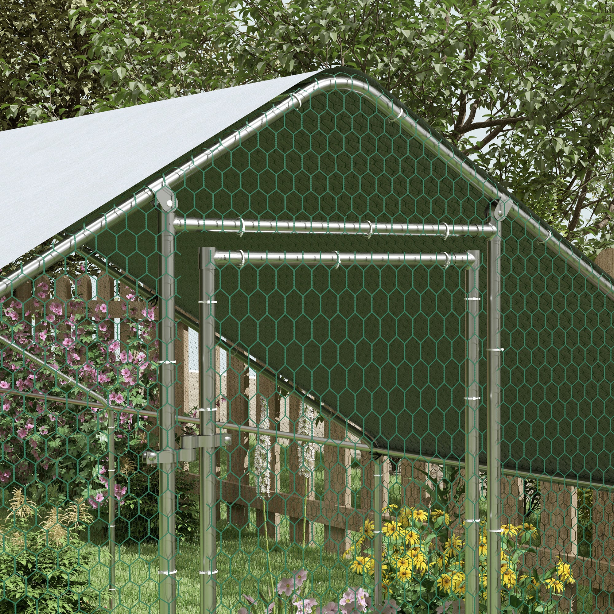 Metal Chicken Coop, Walk-in Large Chicken Run, Poultry Cage for Backyard Hen, Duck, Rabbit with Water- and UV-Protection Cover, for 30-40 Chickens, 9.8' x 32.8' x 6.4'
