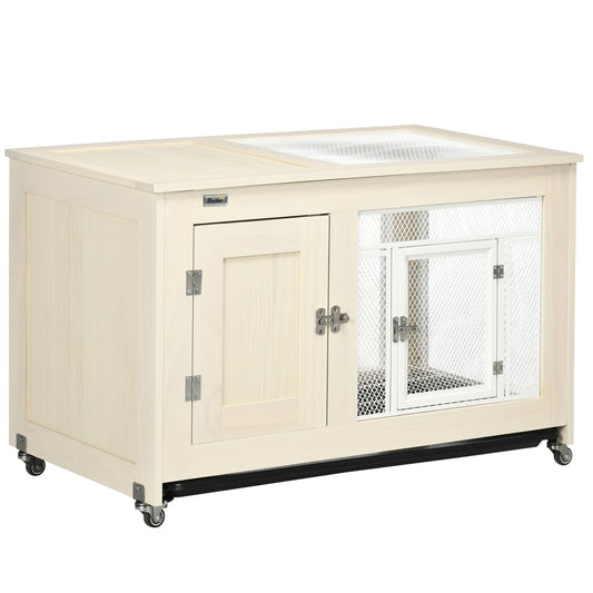 PawHut Small Rabbit Hutch, Indoor Bunny Cage on Wheels, Rabbit Habitat with Openable Top, Pull-Out Tray, Quail Cage Rabbit Cage Inside, 37.5" x 21" x 24.5"