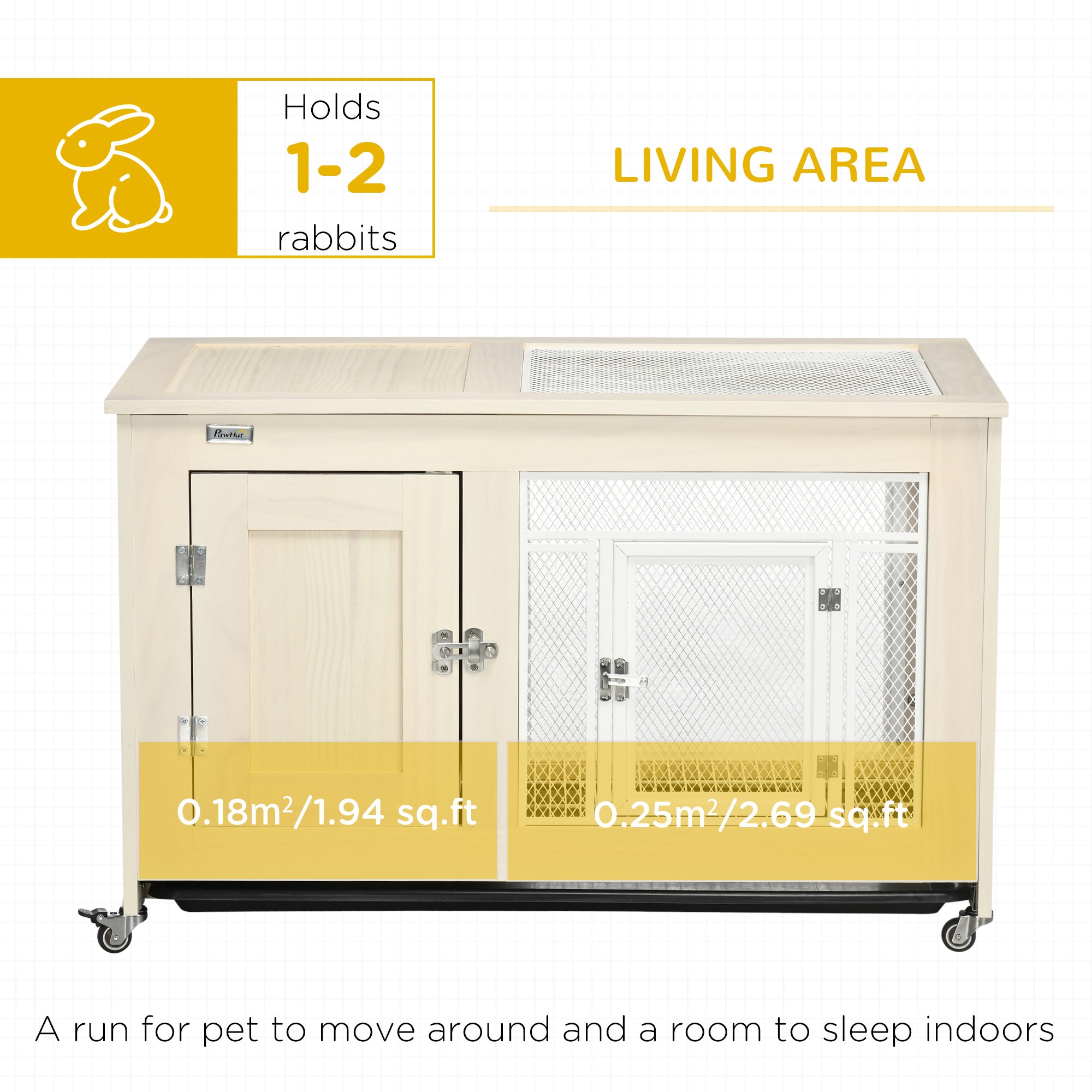 PawHut Small Rabbit Hutch, Indoor Bunny Cage on Wheels, Rabbit Habitat with Openable Top, Pull-Out Tray, Quail Cage Rabbit Cage Inside, 37.5" x 21" x 24.5"