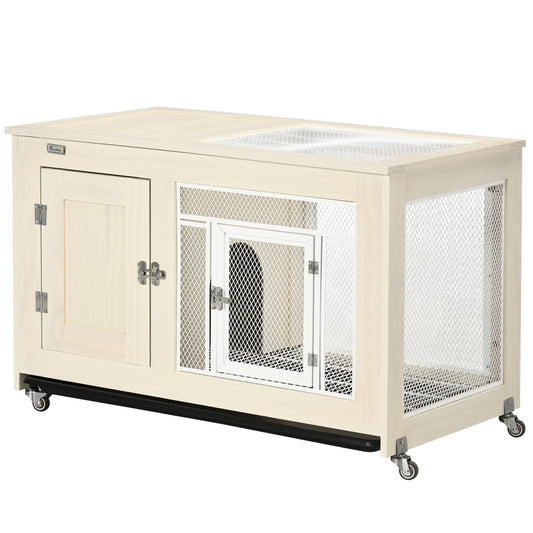 PawHut Small Rabbit Hutch, Indoor Bunny Cage on Wheels, Rabbit Habitat with Openable Top, Pull-Out Tray, Quail Cage Rabbit Cage Inside, 37.5" x 21" x 24.5"