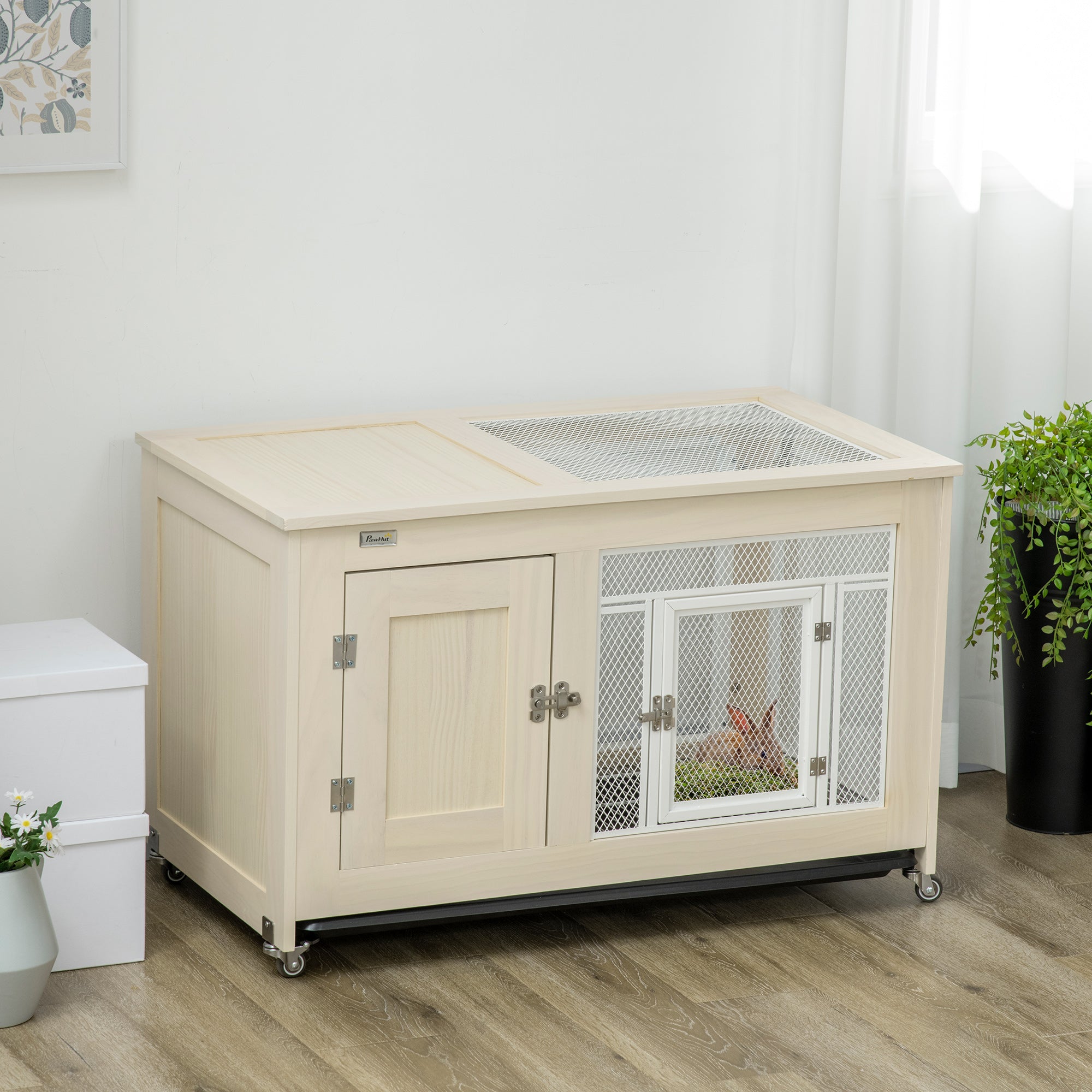 PawHut Small Rabbit Hutch, Indoor Bunny Cage on Wheels, Rabbit Habitat with Openable Top, Pull-Out Tray, Quail Cage Rabbit Cage Inside, 37.5" x 21" x 24.5"