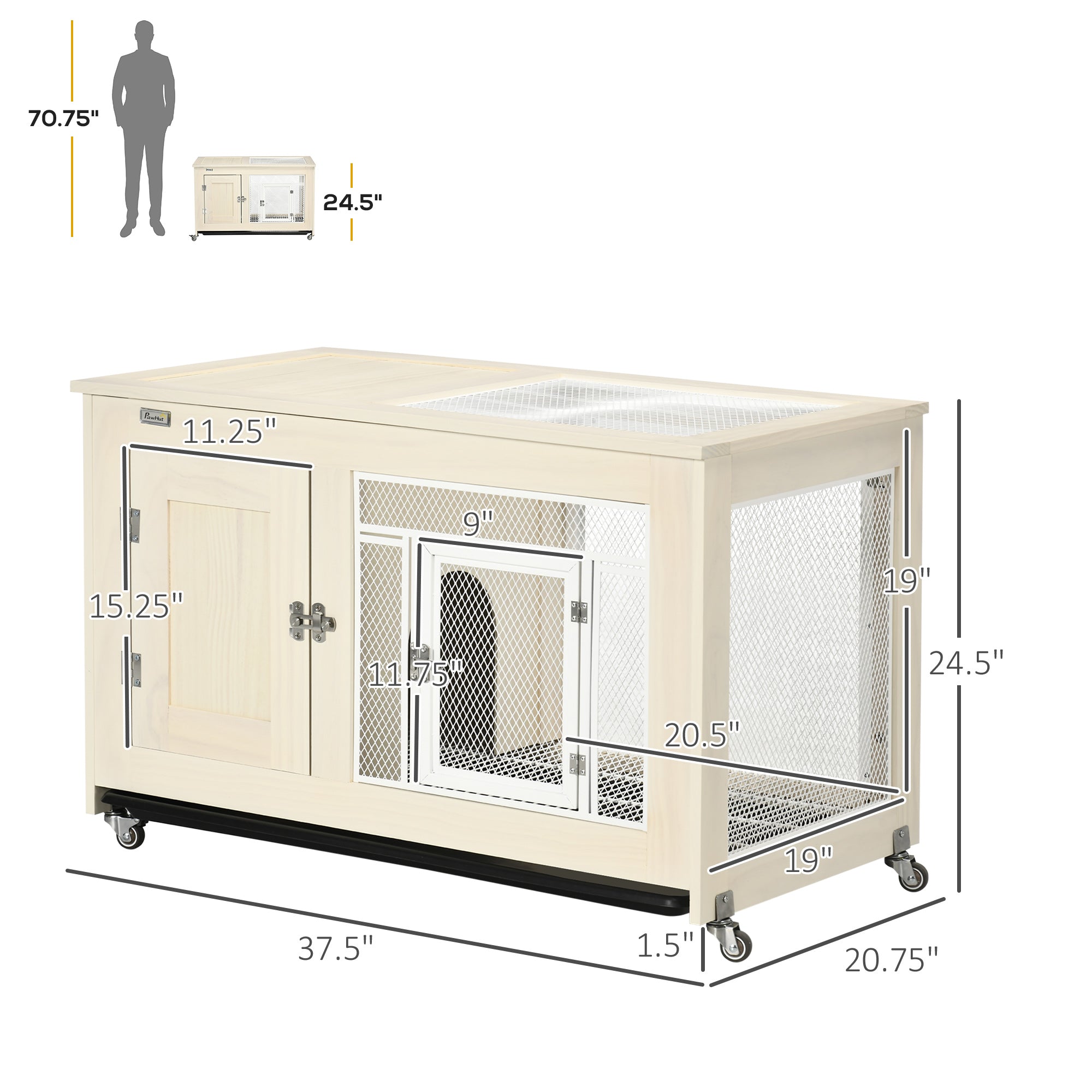 PawHut Small Rabbit Hutch, Indoor Bunny Cage on Wheels, Rabbit Habitat with Openable Top, Pull-Out Tray, Quail Cage Rabbit Cage Inside, 37.5" x 21" x 24.5"