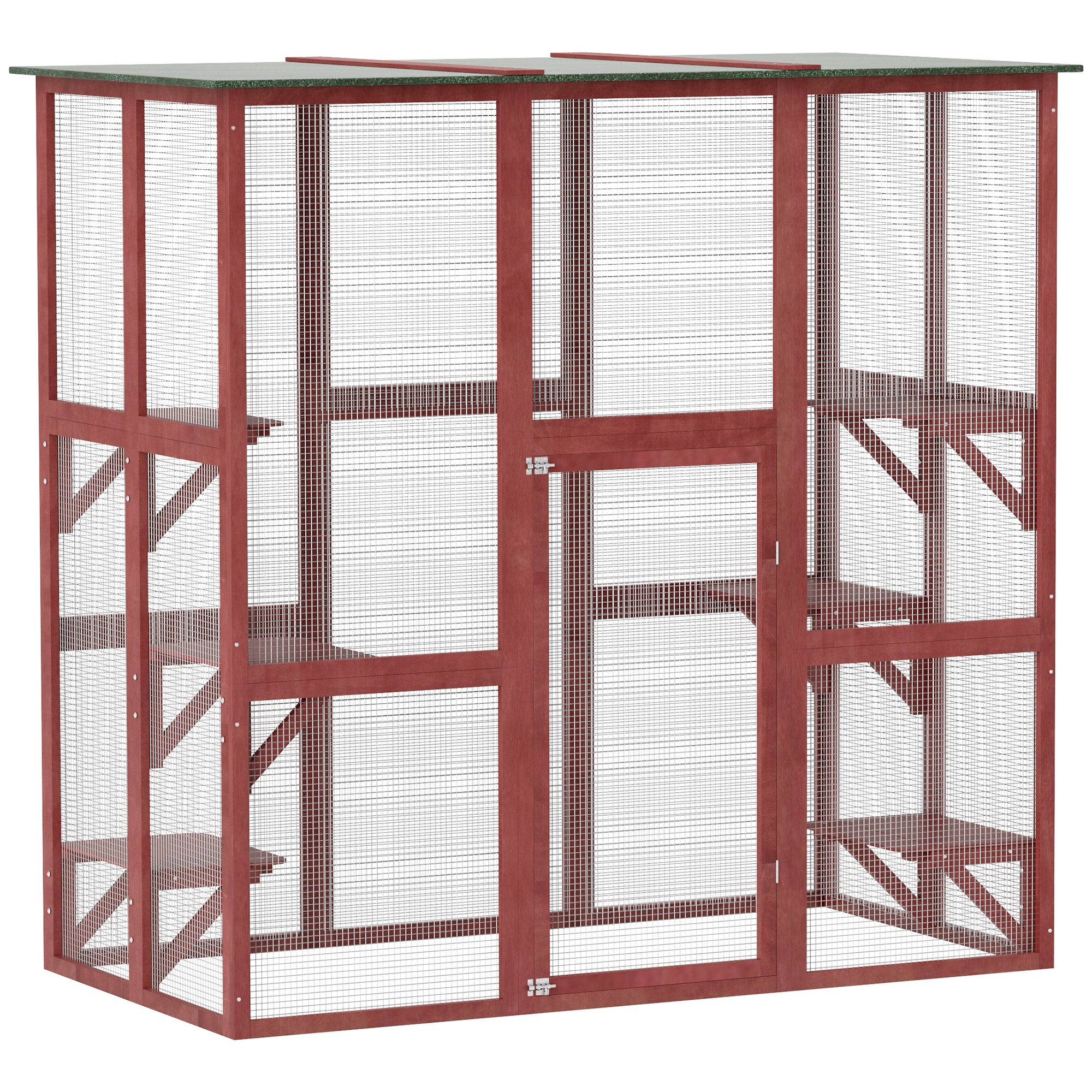 Large Outdoor Catio Enclosure, Weatherproof Cat House with Asphalt Roof,  Wooden Cat Patio Cage with 6 Balanced Platforms, 71" x 39" x 71", Wine Red