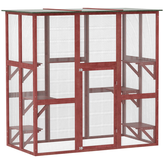 Large Outdoor Catio Enclosure, Weatherproof Cat House with Asphalt Roof,  Wooden Cat Patio Cage with 6 Balanced Platforms, 71" x 39" x 71", Wine Red