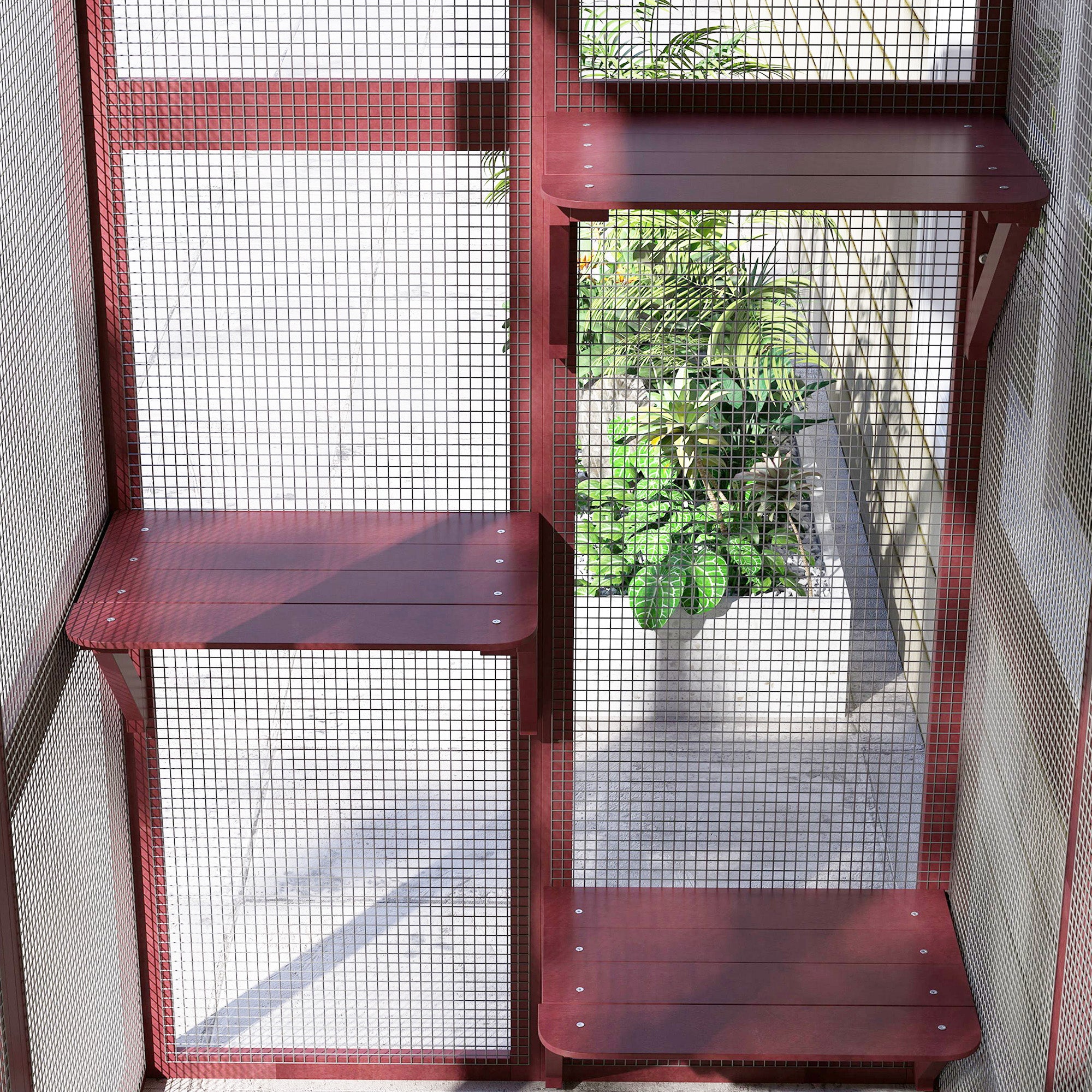 Large Outdoor Catio Enclosure, Weatherproof Cat House with Asphalt Roof,  Wooden Cat Patio Cage with 6 Balanced Platforms, 71" x 39" x 71", Wine Red