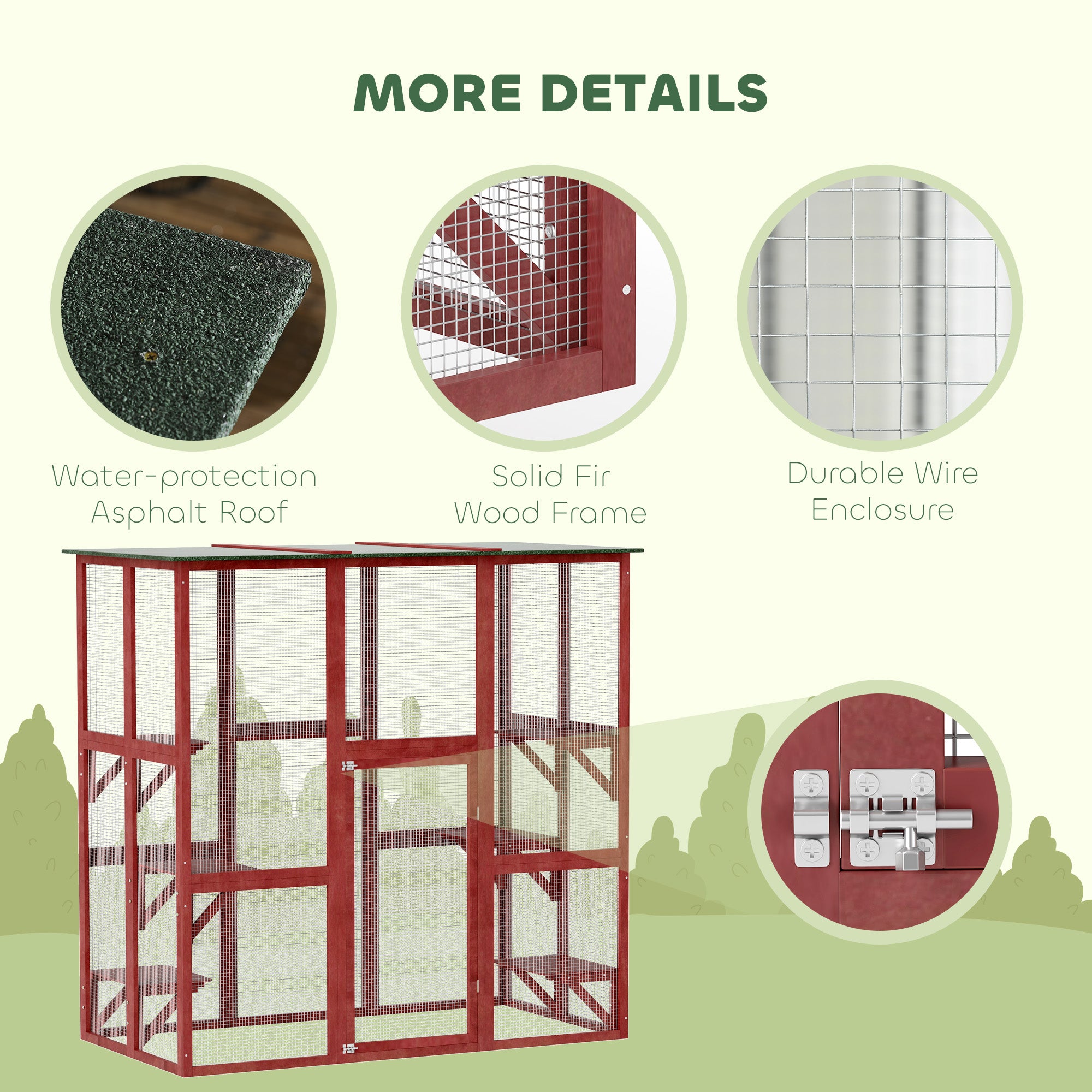 Large Outdoor Catio Enclosure, Weatherproof Cat House with Asphalt Roof,  Wooden Cat Patio Cage with 6 Balanced Platforms, 71" x 39" x 71", Wine Red