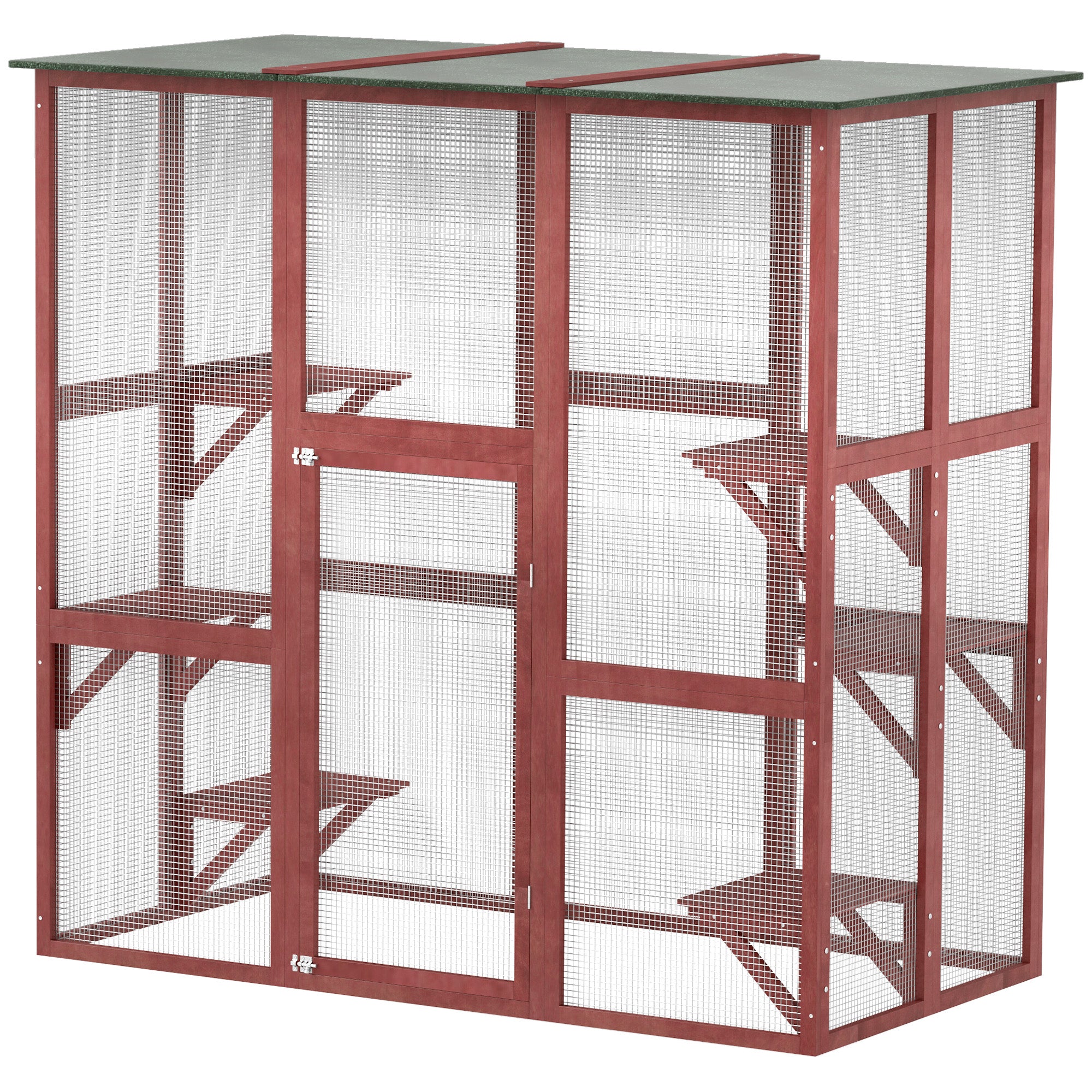 Large Outdoor Catio Enclosure, Weatherproof Cat House with Asphalt Roof,  Wooden Cat Patio Cage with 6 Balanced Platforms, 71" x 39" x 71", Wine Red