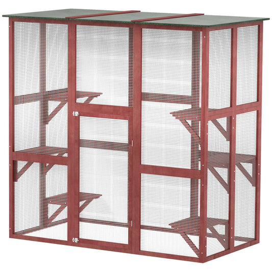Large Outdoor Catio Enclosure, Weatherproof Cat House with Asphalt Roof,  Wooden Cat Patio Cage with 6 Balanced Platforms, 71" x 39" x 71", Wine Red
