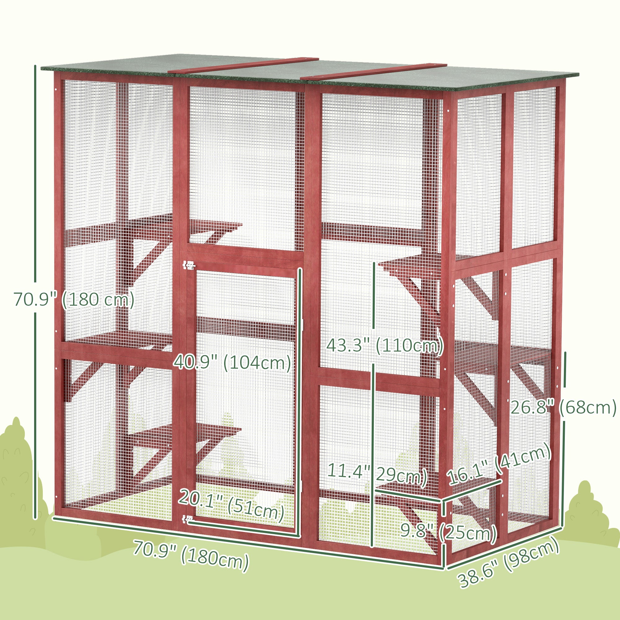 Large Outdoor Catio Enclosure, Weatherproof Cat House with Asphalt Roof,  Wooden Cat Patio Cage with 6 Balanced Platforms, 71" x 39" x 71", Wine Red