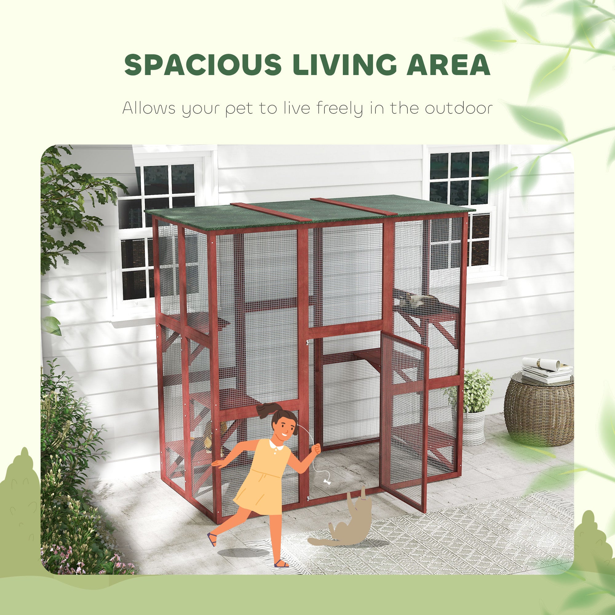 Large Outdoor Catio Enclosure, Weatherproof Cat House with Asphalt Roof,  Wooden Cat Patio Cage with 6 Balanced Platforms, 71" x 39" x 71", Wine Red