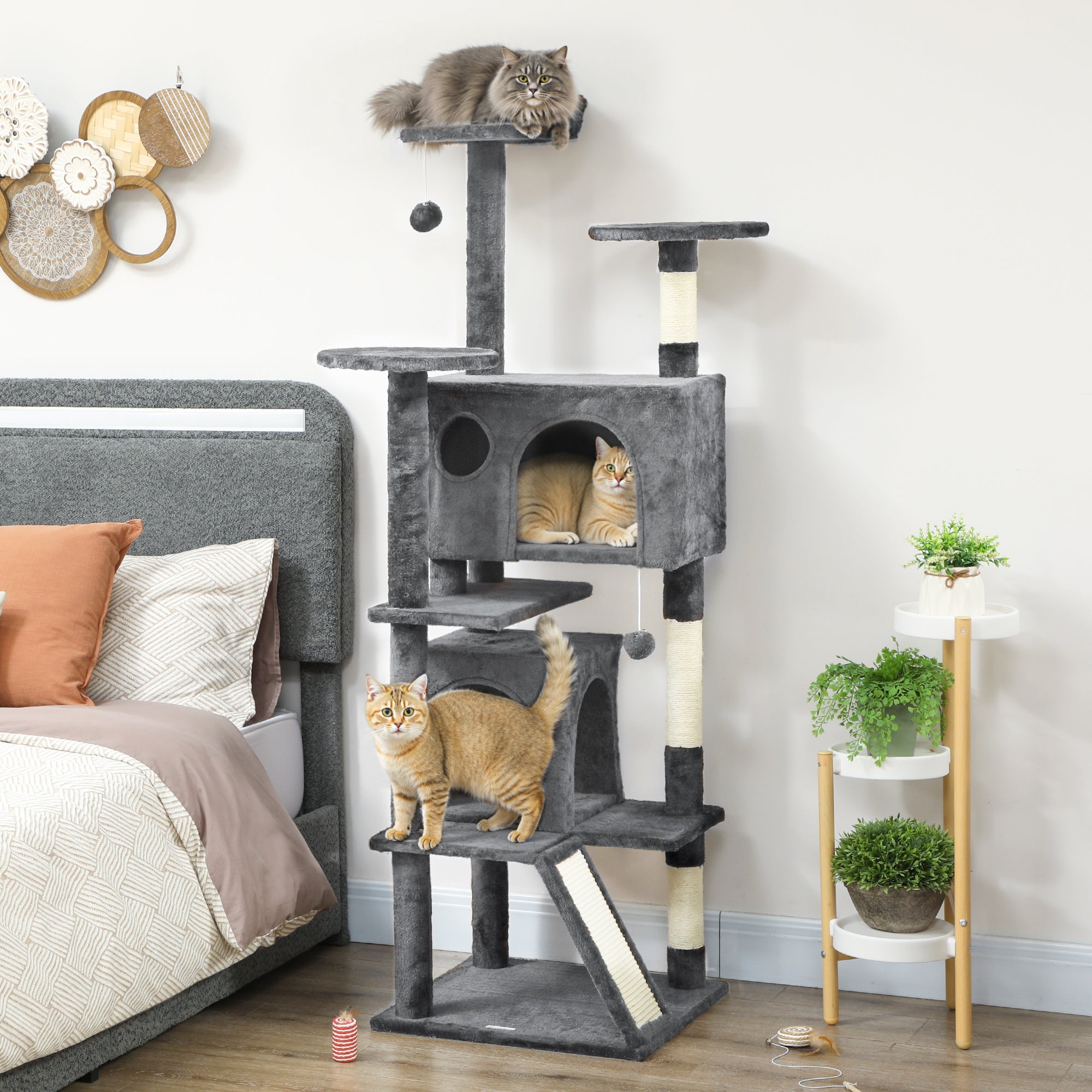 63" Cat Tree, Cat Tower for Indoor Cats with Scratching Posts, Cat Condos, Bed, Platforms, Ramp, Toy Ball, Cat Activity Center, Dark Grey