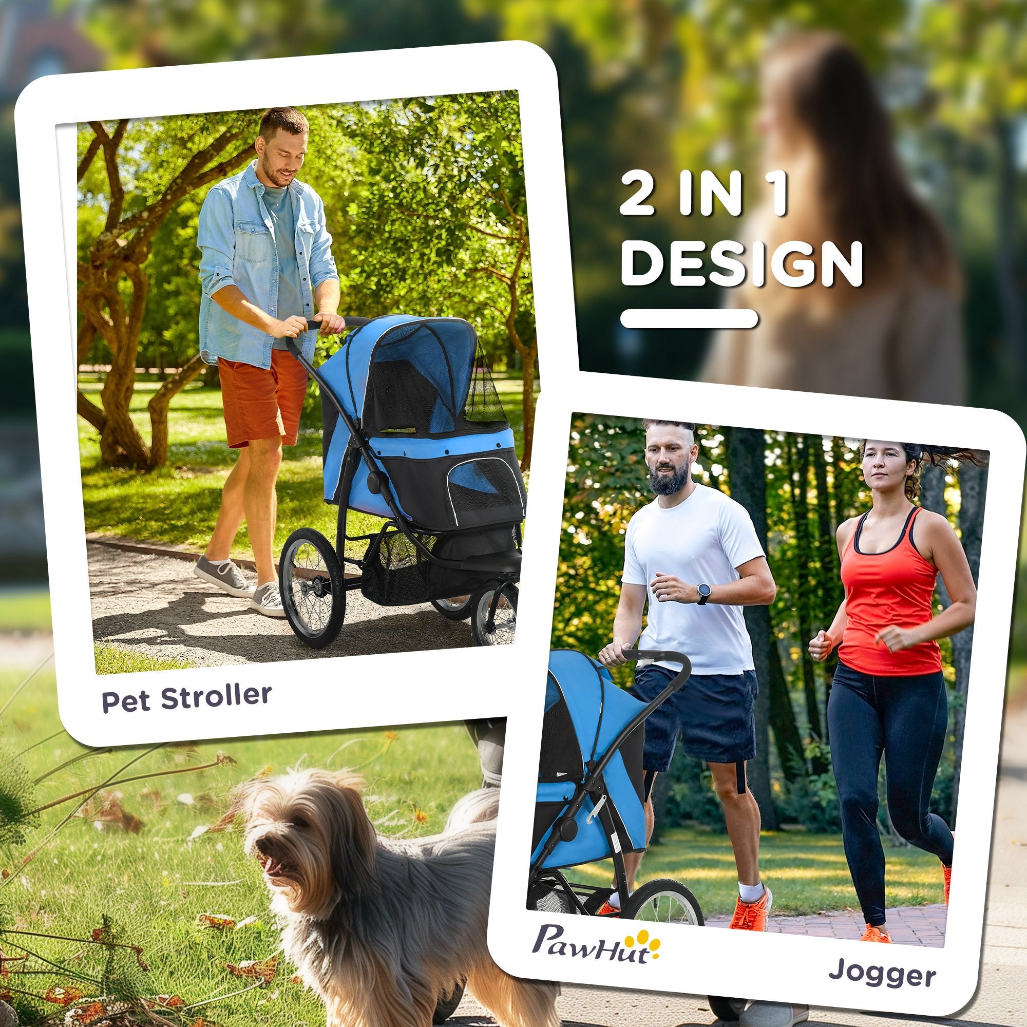 Dog Pram Dog Stroller Jogger Foldable Pet Pushchair for Medium, Small Dogs, w/ Rubber Wheels, Washable Cushion - Blue