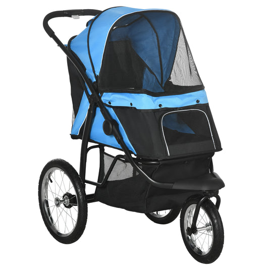 Pet Stroller for Small and Medium Dogs, 3 Big Wheels Cat Stroller Travel Folding Carrier with Adjustable Canopy, Safety Tether, Storage Basket, Blue