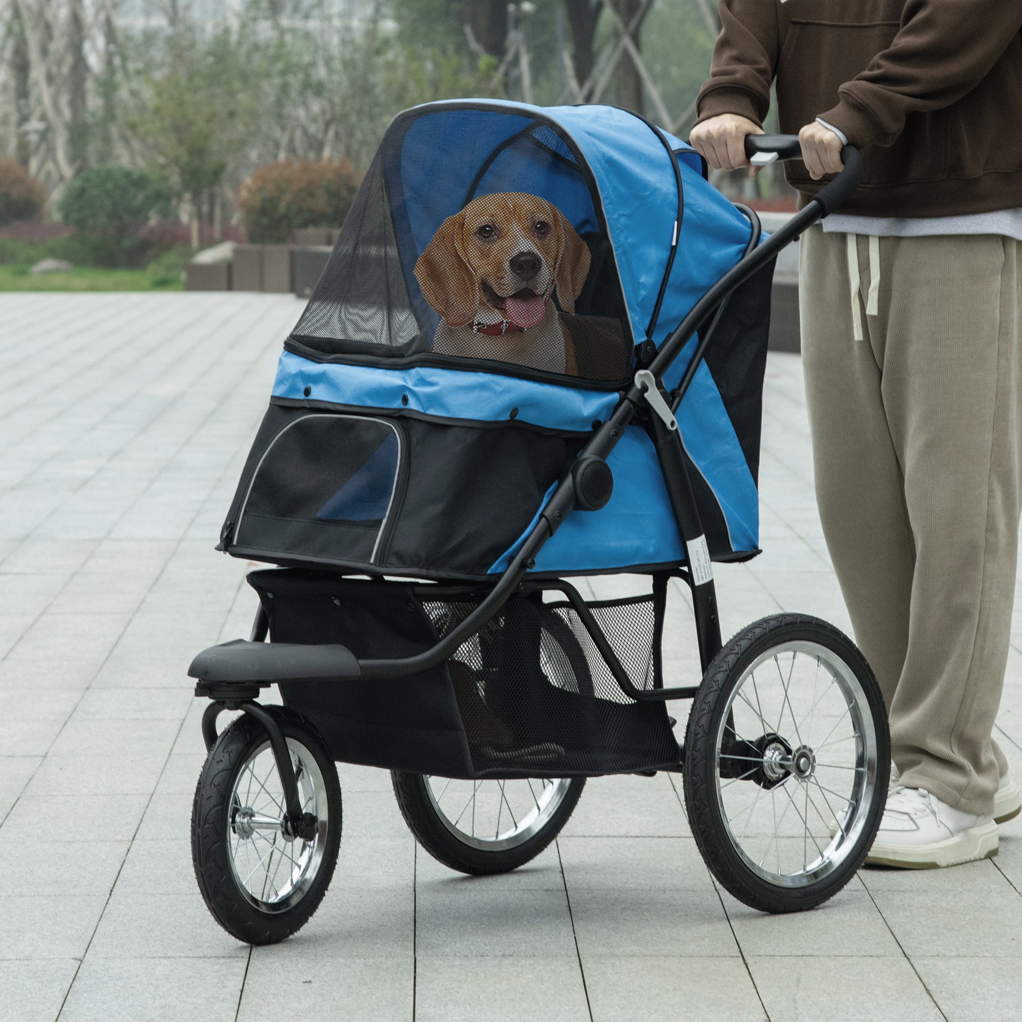PawHut Pet Stroller for Small Medium Dogs 3 Wheels Blue Adjustable Canopy Safety Tether Storage