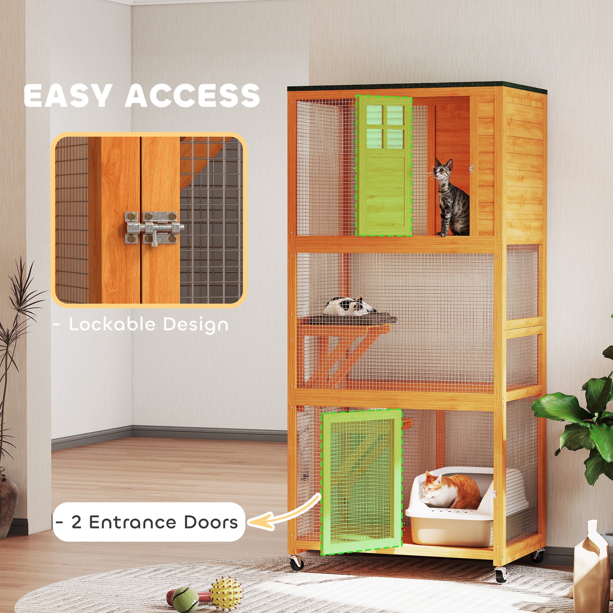 74"H Wooden Catio Cat Enclosure, Indoor Outdoor Kitten House with Weatherproof Asphalt Roof & Brake Wheels, Luxury Kitten Condo Cage for Multiple Cats, Orange