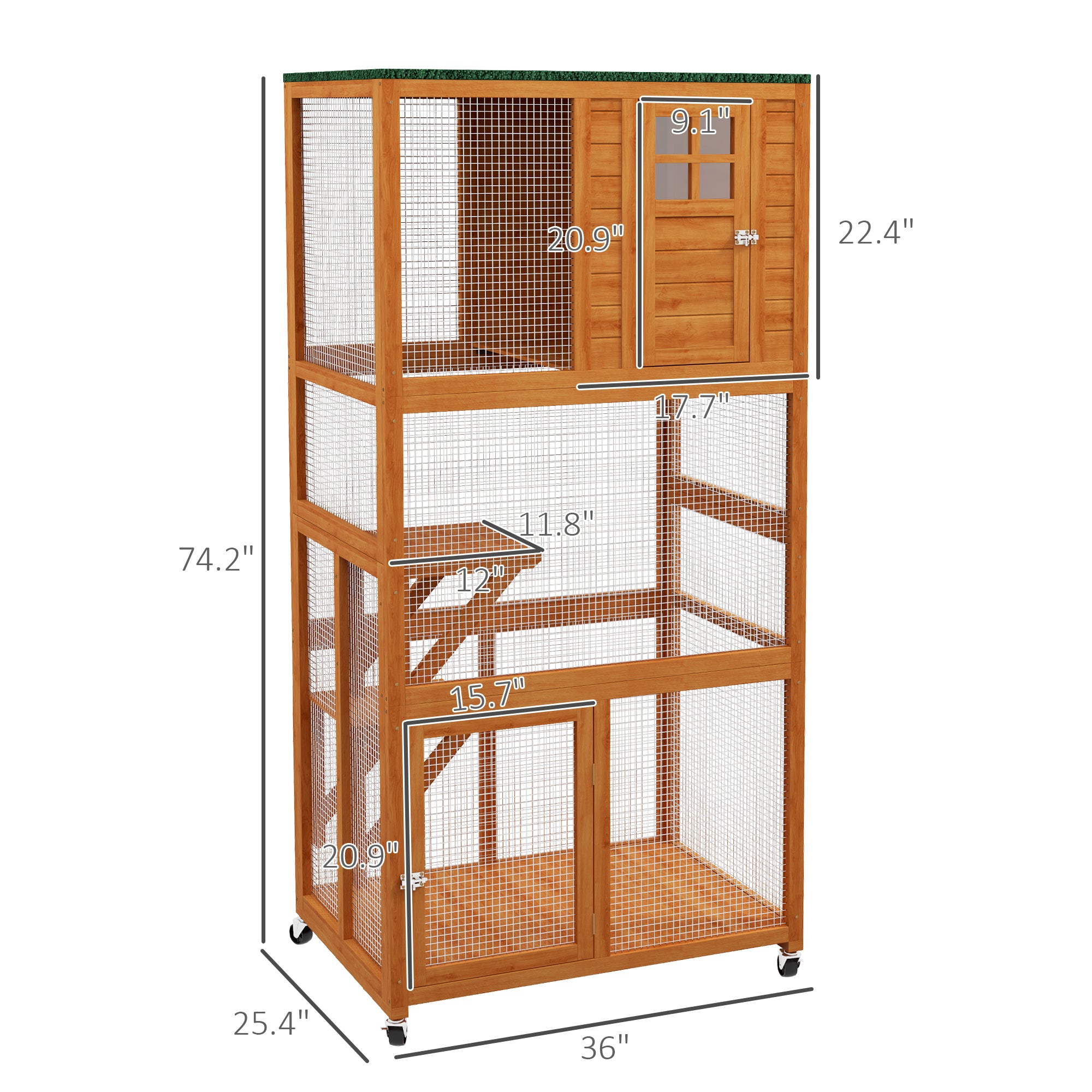 PawHut 74" Wooden Catio Outdoor Cat House Weatherproof & Wheeled, Outside Cat Enclosure with High Weight Capacity, Kitten Cage Condo, Orange