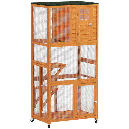 74"H Wooden Catio Cat Enclosure, Indoor Outdoor Kitten House with Weatherproof Asphalt Roof & Brake Wheels, Luxury Kitten Condo Cage for Multiple Cats, Orange