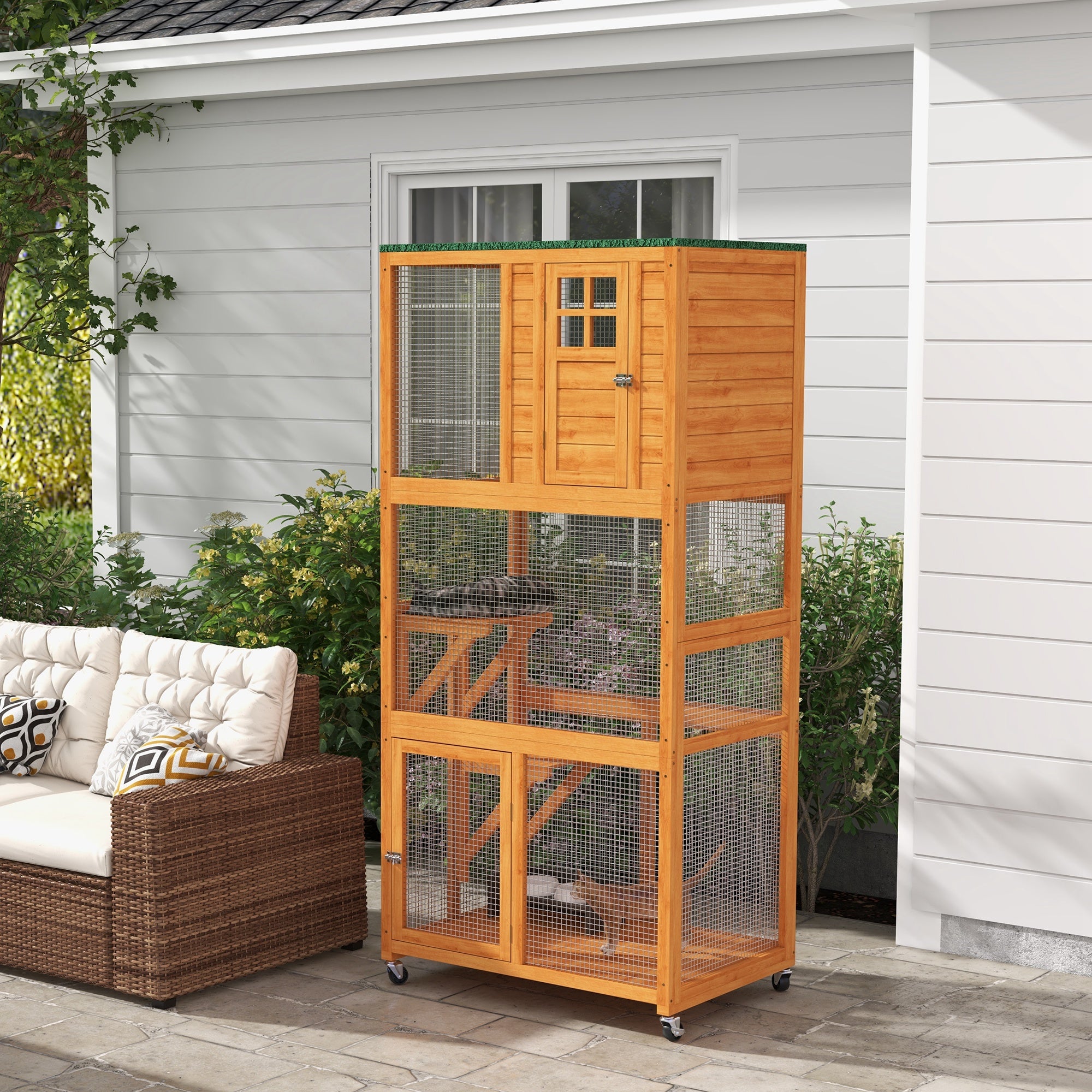 PawHut 74" Wooden Catio Outdoor Cat House Weatherproof & Wheeled, Outside Cat Enclosure with High Weight Capacity, Kitten Cage Condo, Orange