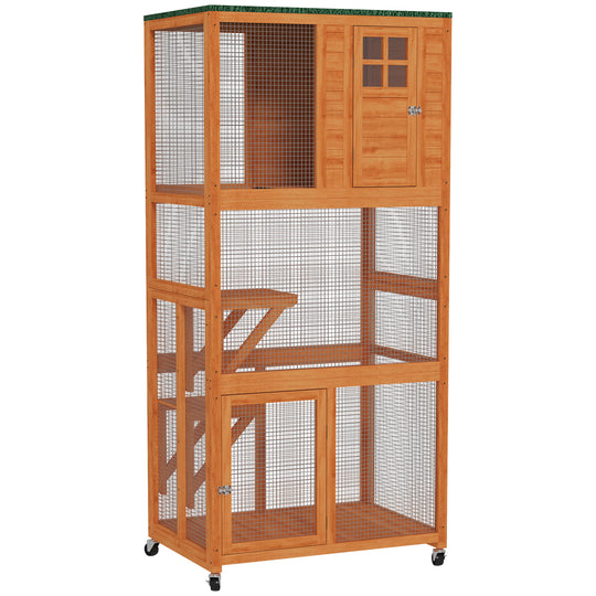 PawHut 74" Wooden Catio Outdoor Cat House Weatherproof & Wheeled, Outside Cat Enclosure with High Weight Capacity, Kitten Cage Condo, Orange