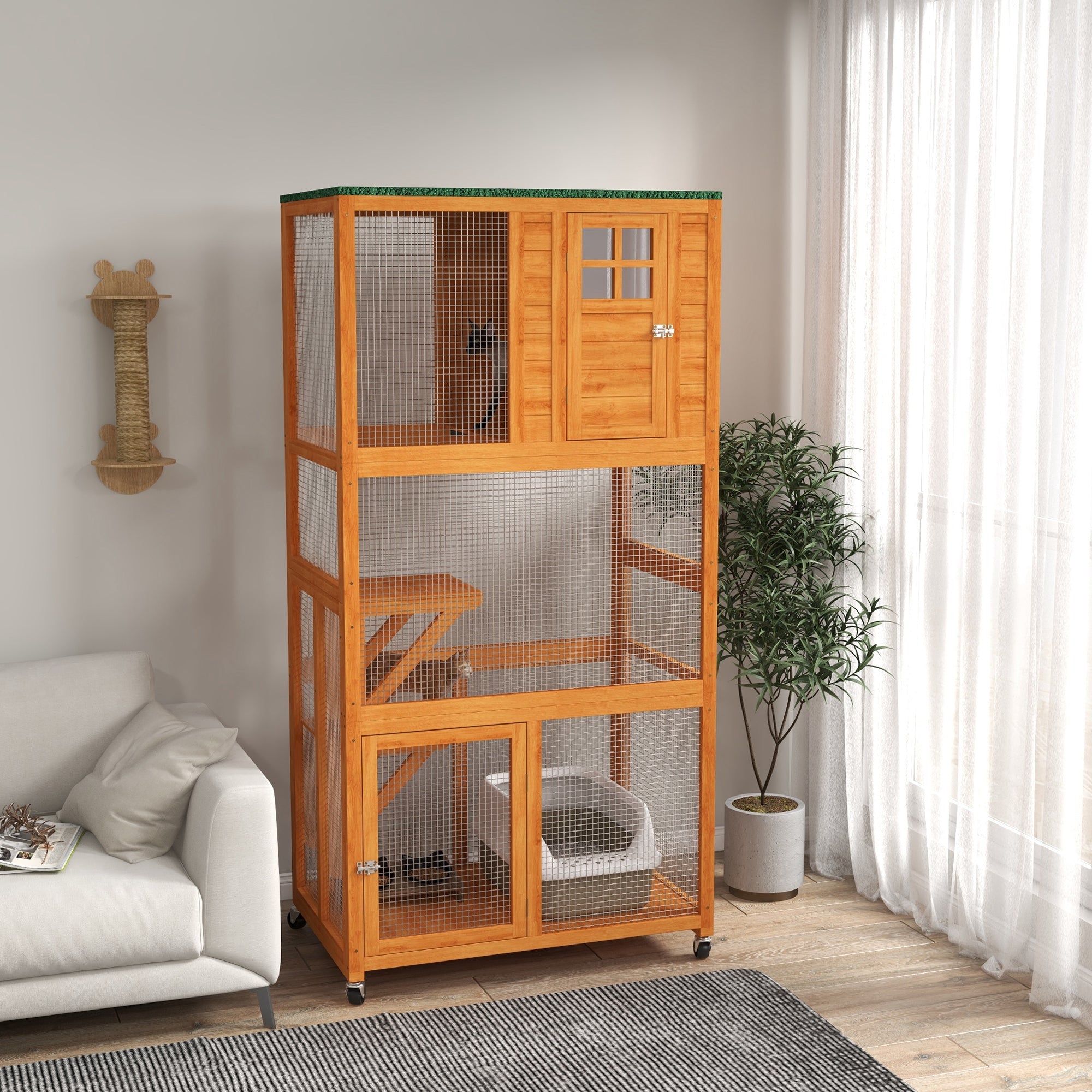 PawHut 74" Wooden Catio Outdoor Cat House Weatherproof & Wheeled, Outside Cat Enclosure with High Weight Capacity, Kitten Cage Condo, Orange