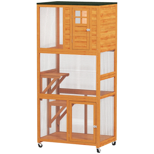 74"H Wooden Catio Cat Enclosure, Indoor Outdoor Kitten House with Weatherproof Asphalt Roof & Brake Wheels, Luxury Kitten Condo Cage for Multiple Cats, Orange