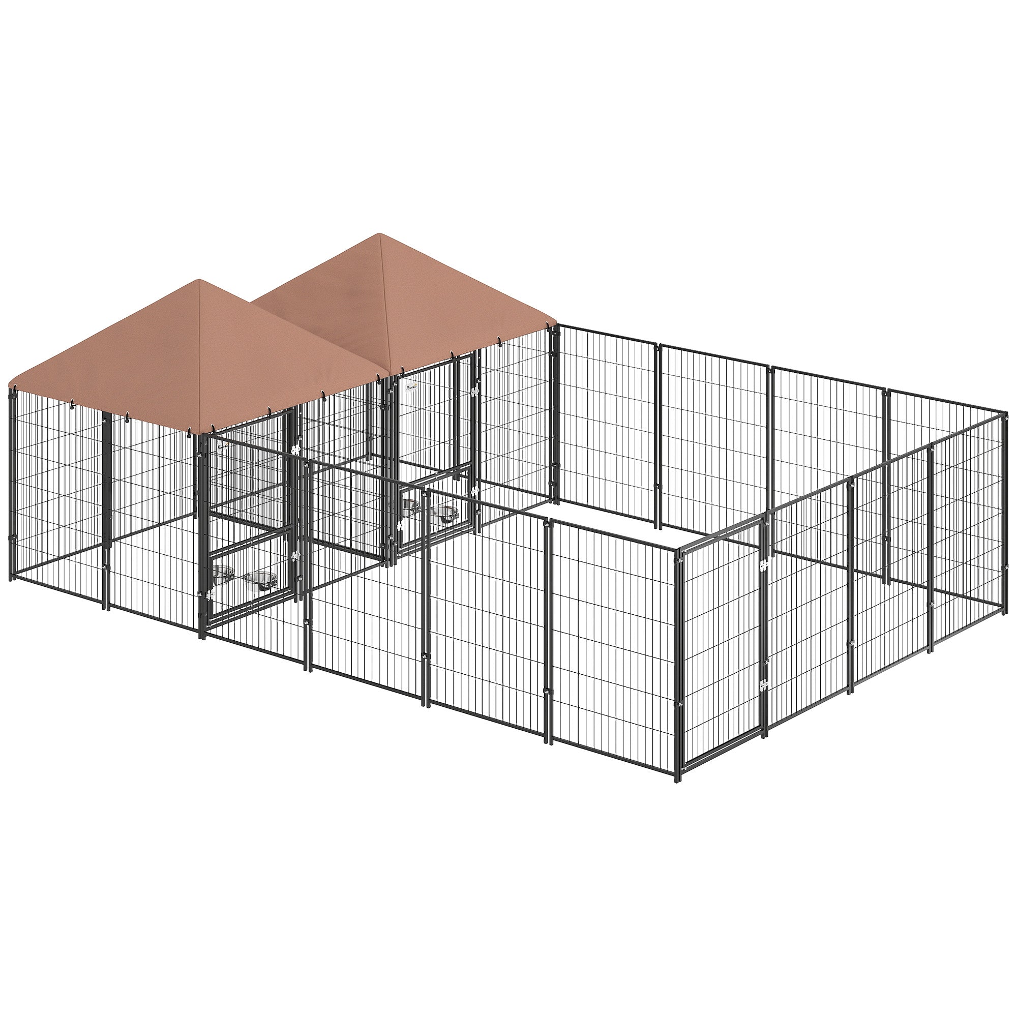 Outdoor Dog Kennel with 2 Rooms, Heavy Duty Dog Run with Rotating and Adjustable Height Bowls, Waterproof UV-Resistant Cover for Large Breeds, Ducks, 13.5' x 9.5' x 5'