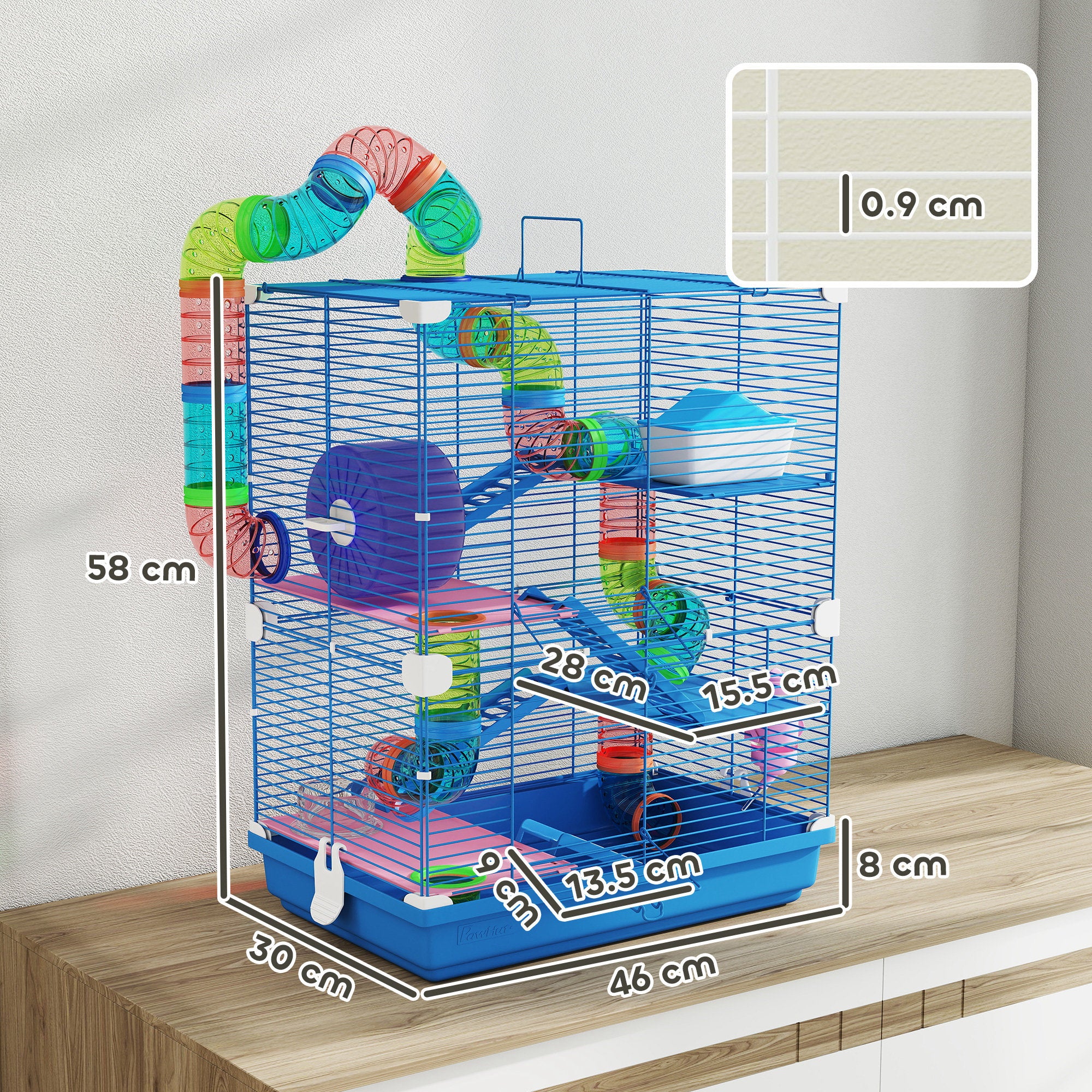 5 Tier Hamster Cage, Gerbil Cage with Tube Exercise Wheels, Tunnel, Water Bottle, Dishes, Blue, 58H x 46L x 30Wcm