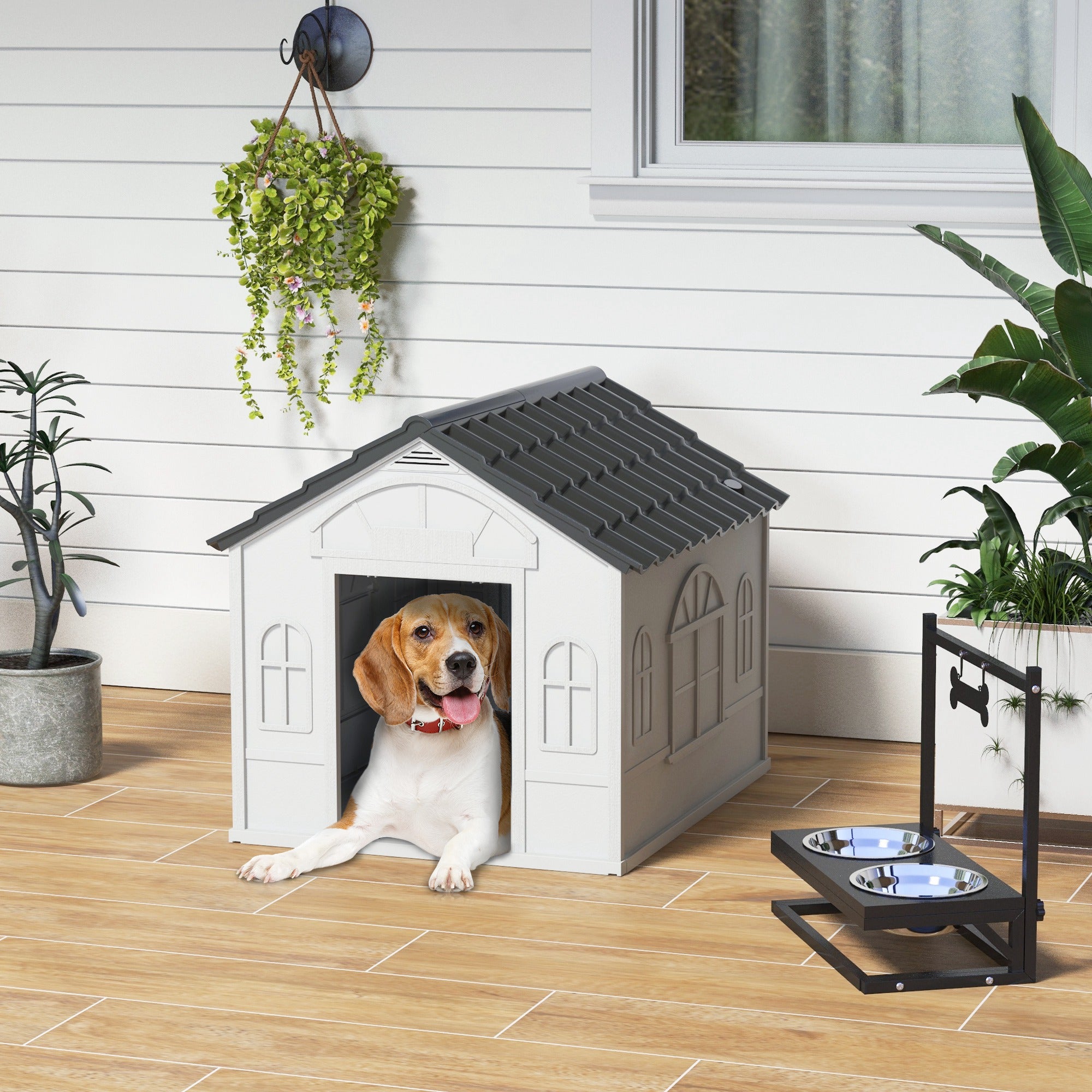 PawHut Plastic Dog House, Water Resistant Puppy Shelter Indoor Outdoor with Door, Easy to Assemble, for Medium and Small Dogs, Gray