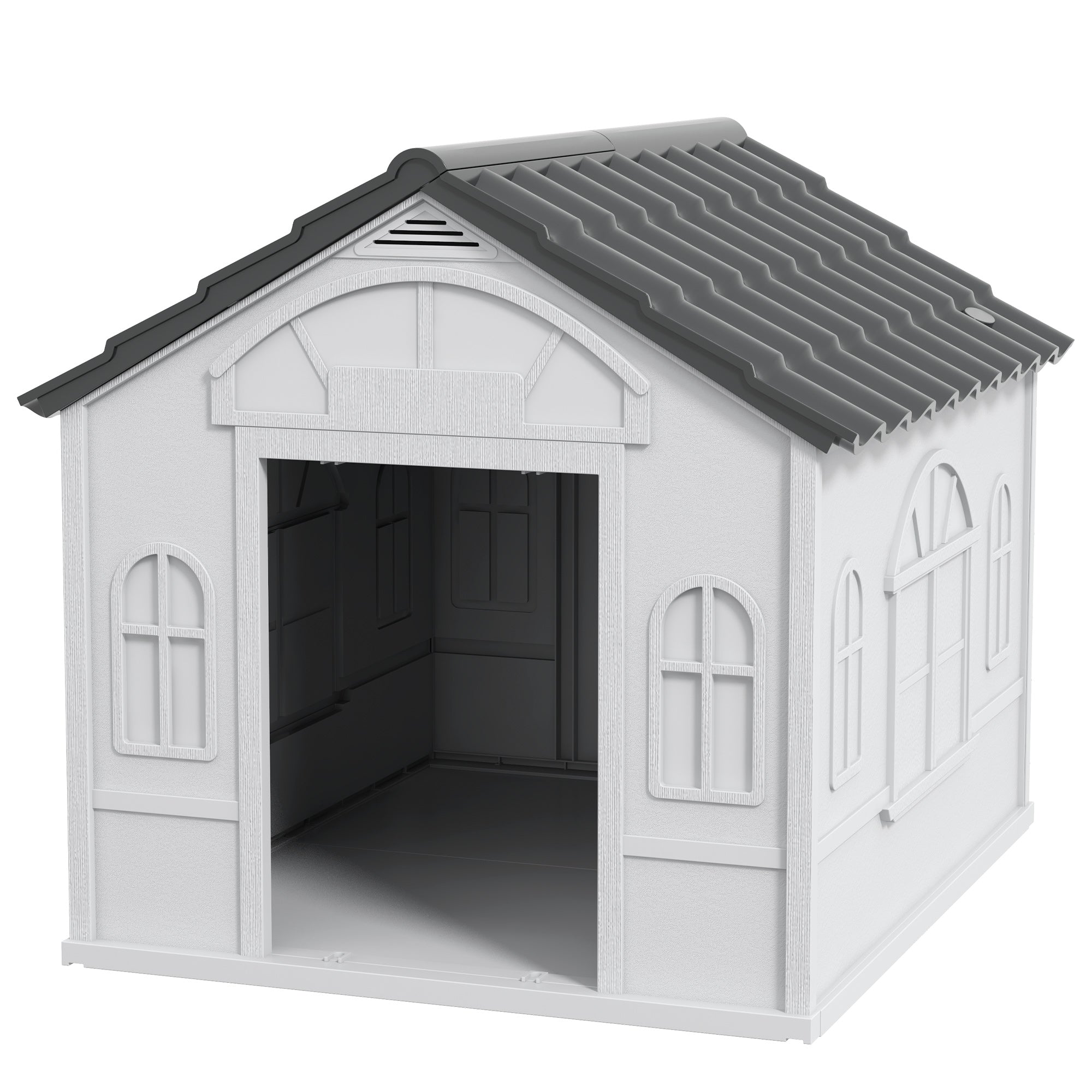 PawHut Plastic Dog House, Water Resistant Puppy Shelter Indoor Outdoor with Door, Easy to Assemble, for Medium and Small Dogs, Gray