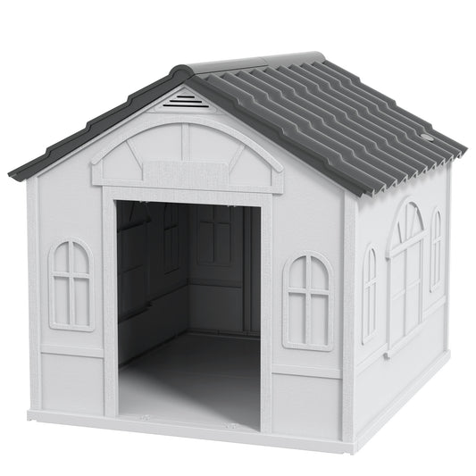 PawHut Plastic Dog House, Water Resistant Puppy Shelter Indoor Outdoor with Door, Easy to Assemble, for Medium and Small Dogs, Gray