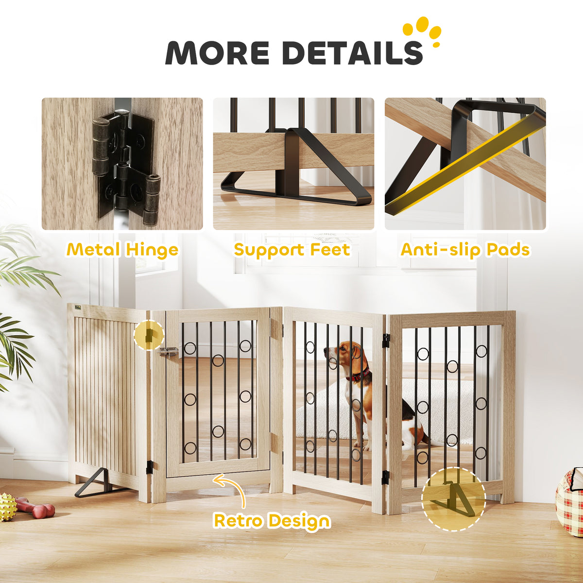Freestanding Dog Gate, Wooden Foldable Pet Gate with 4 Panels, Walk-Through Door, Support Feet, Non-Slip Mats, Dog Safety Fence for Doorways, Stairs and Hallways, Oak