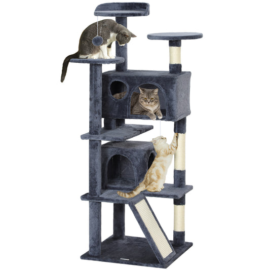 54" Cat Tree, Cat Tower for Indoor Cats with Scratching Posts, Cat Condos, Bed, Platforms, Ramp, Toy Ball, Cat Activity Center, Dark Grey