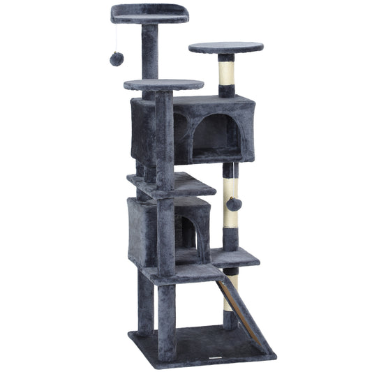 54" Cat Tree, Cat Tower for Indoor Cats with Scratching Posts, Cat Condos, Bed, Platforms, Ramp, Toy Ball, Cat Activity Center, Dark Grey