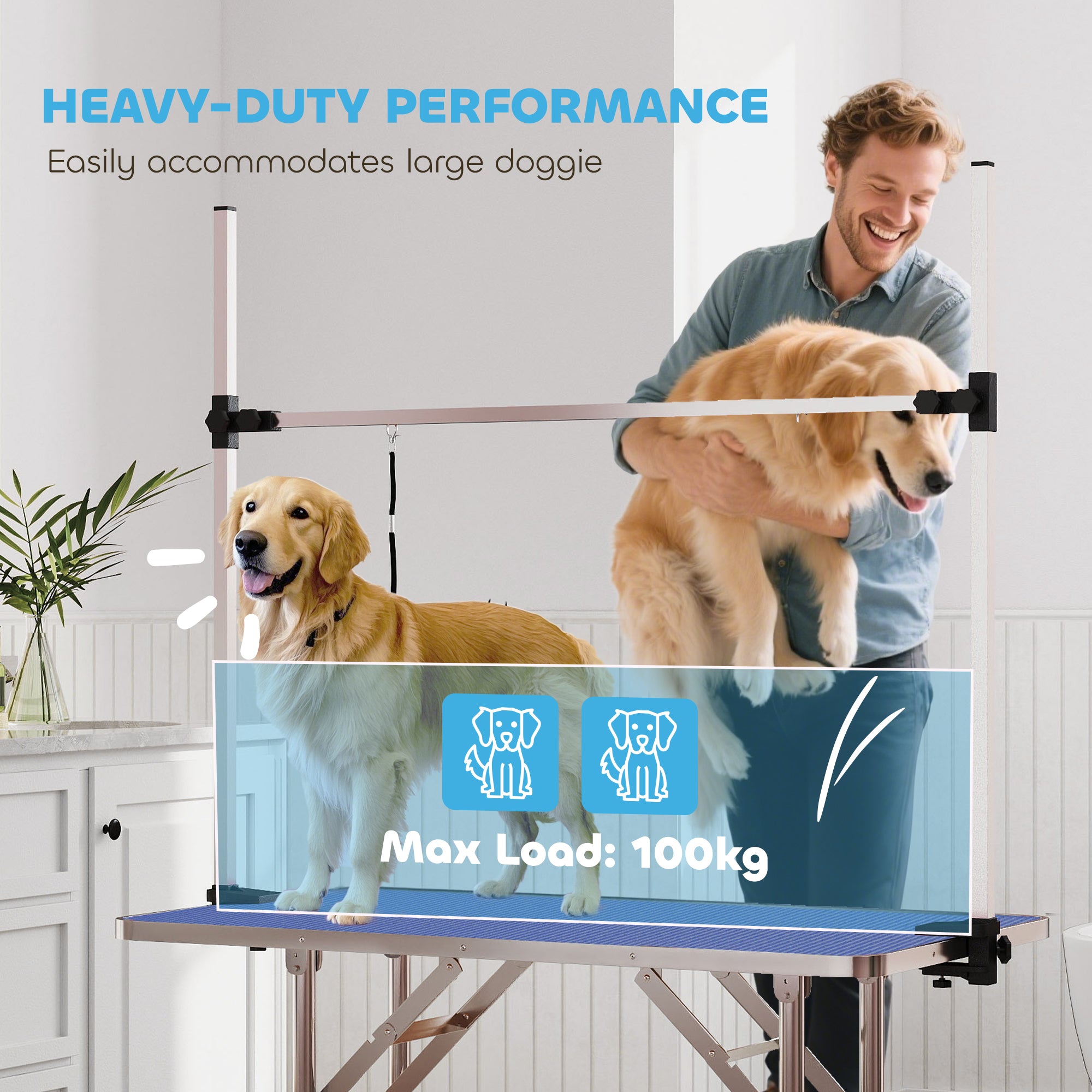 42" Foldable Dog Grooming Table Adjustable Pet Cat Drying Beauty Table Rubber Top with 2 Loops Storage Basket Metal Blue