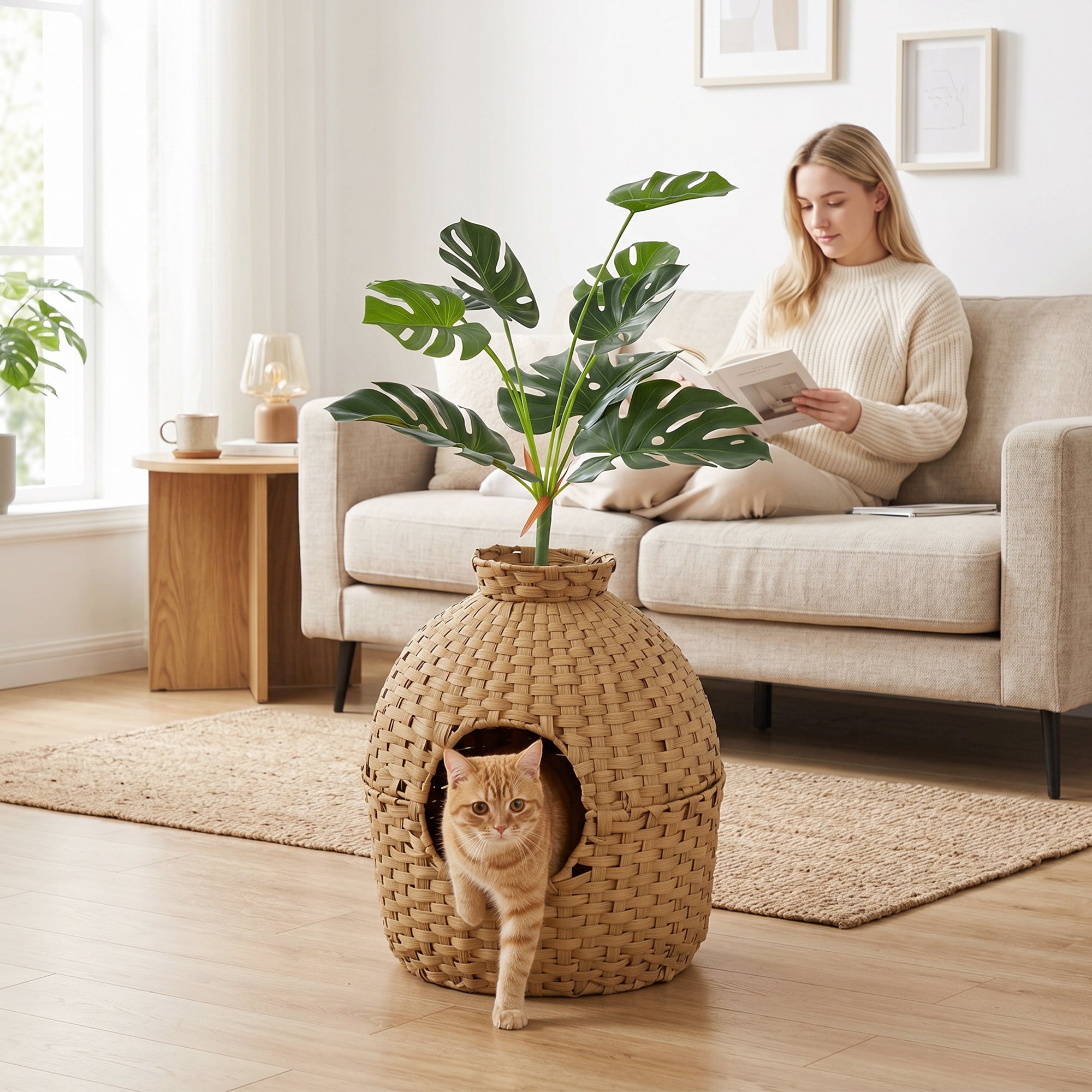 Hidden Cat Litter Box Plant Furniture Enclosure with Faux Plant & Stainless Steel Tray, Decorative Rattan Planter Cat Bed,  Odor Control Filter & Real Stones, for Bedroom, Living Room, Corner