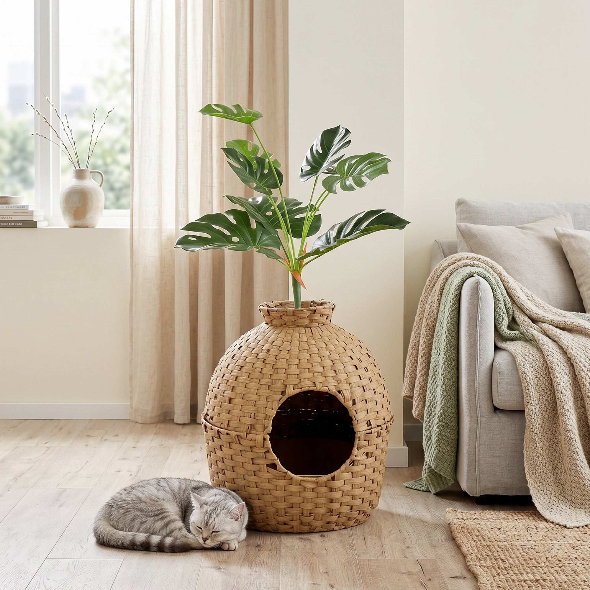 Hidden Cat Litter Box Plant Furniture Enclosure with Faux Plant & Stainless Steel Tray, Decorative Rattan Planter Cat Bed,  Odor Control Filter & Real Stones, for Bedroom, Living Room, Corner