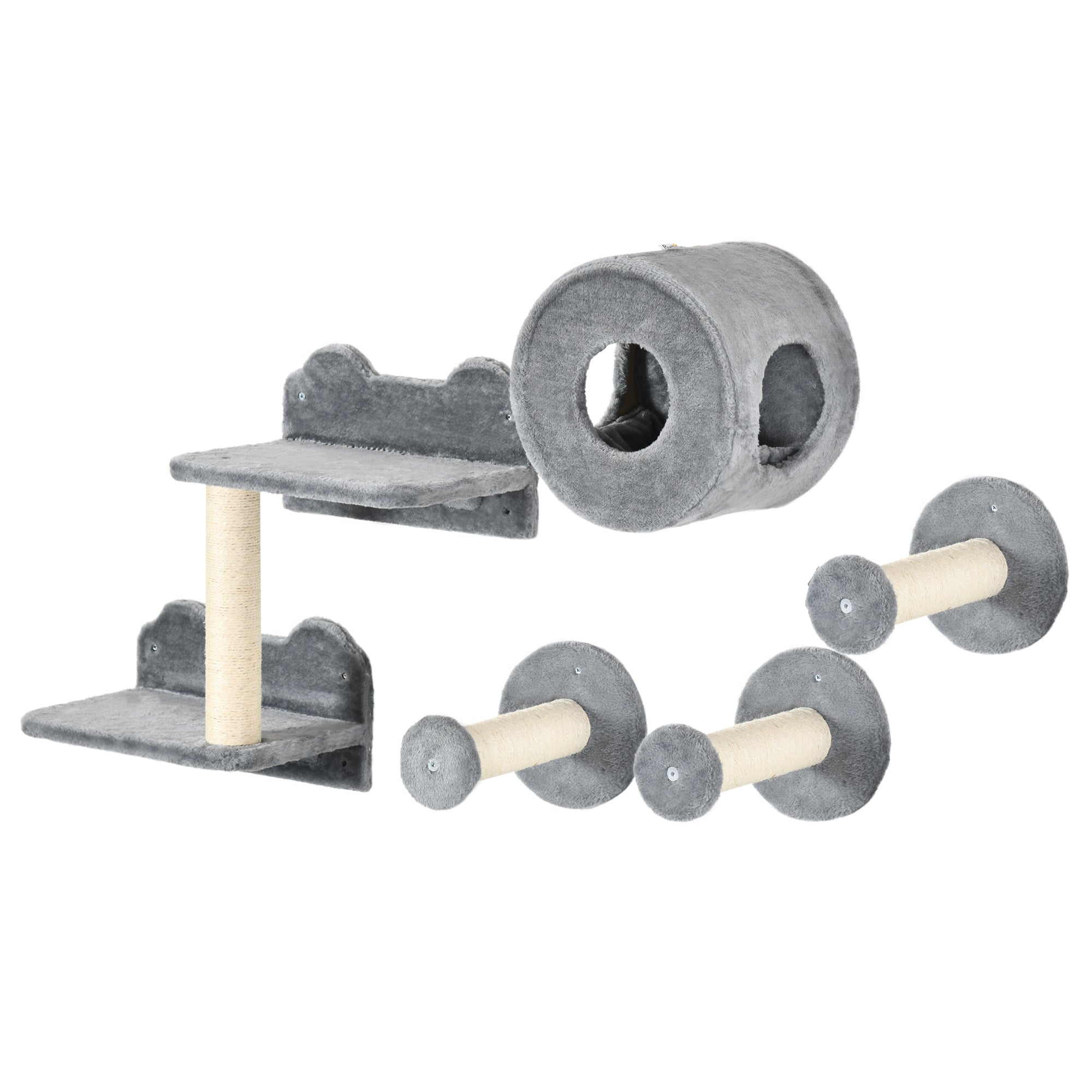 Cat Wall Shelves, 5PCs Cat Shelves with Scratching Post, Perches, Ladder, Steps, Condo, Wall Mounted Cat Climber, Grey
