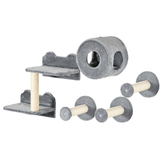 Cat Wall Shelves, 5PCs Cat Shelves with Scratching Post, Perches, Ladder, Steps, Condo, Wall Mounted Cat Climber, Grey