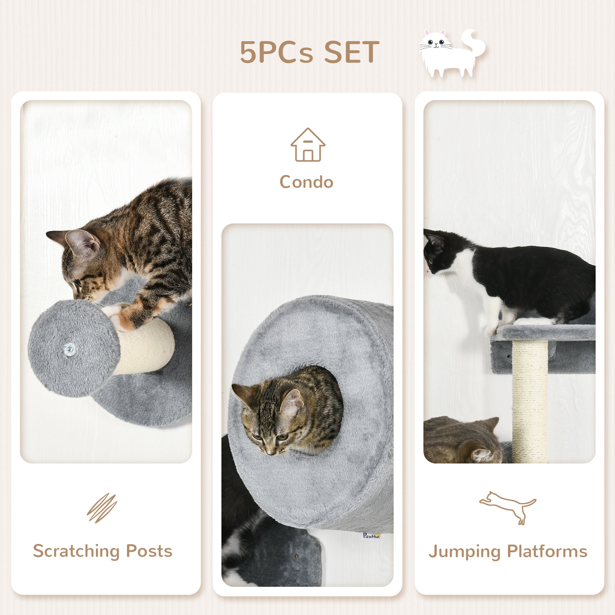Cat Wall Shelves, 5PCs Cat Shelves with Scratching Post, Perches, Ladder, Steps, Condo, Wall Mounted Cat Climber, Grey