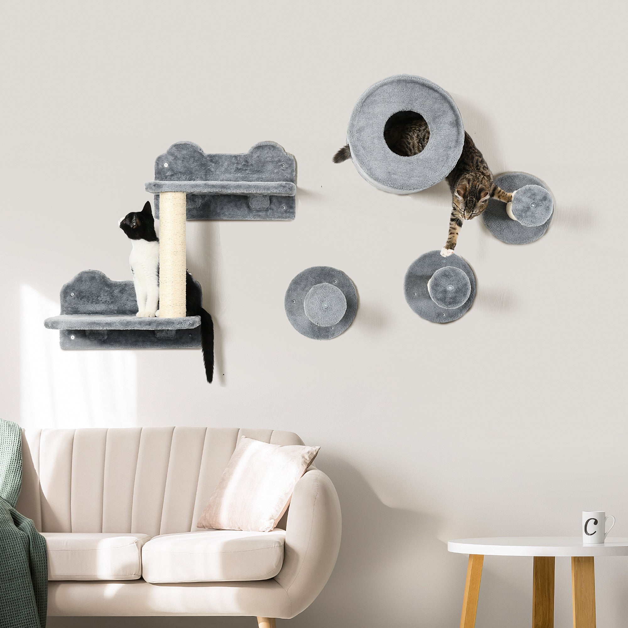 Cat Wall Shelves, 5PCs Cat Shelves with Scratching Post, Perches, Ladder, Steps, Condo, Wall Mounted Cat Climber, Grey