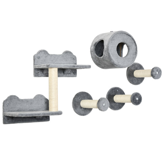 Cat Wall Shelves, 5PCs Cat Shelves with Scratching Post, Perches, Ladder, Steps, Condo, Wall Mounted Cat Climber, Grey