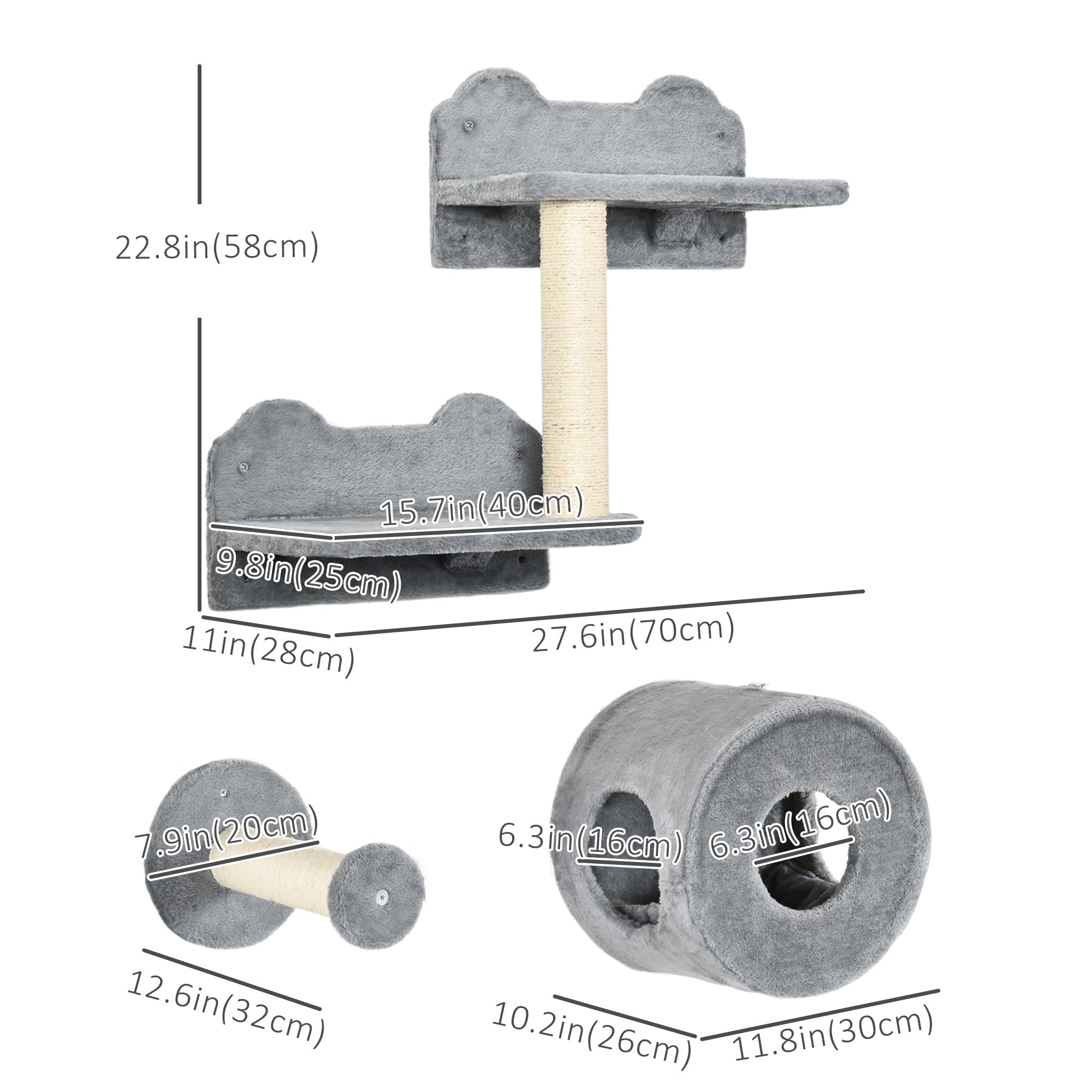 Cat Wall Shelves, 5PCs Cat Shelves with Scratching Post, Perches, Ladder, Steps, Condo, Wall Mounted Cat Climber, Grey