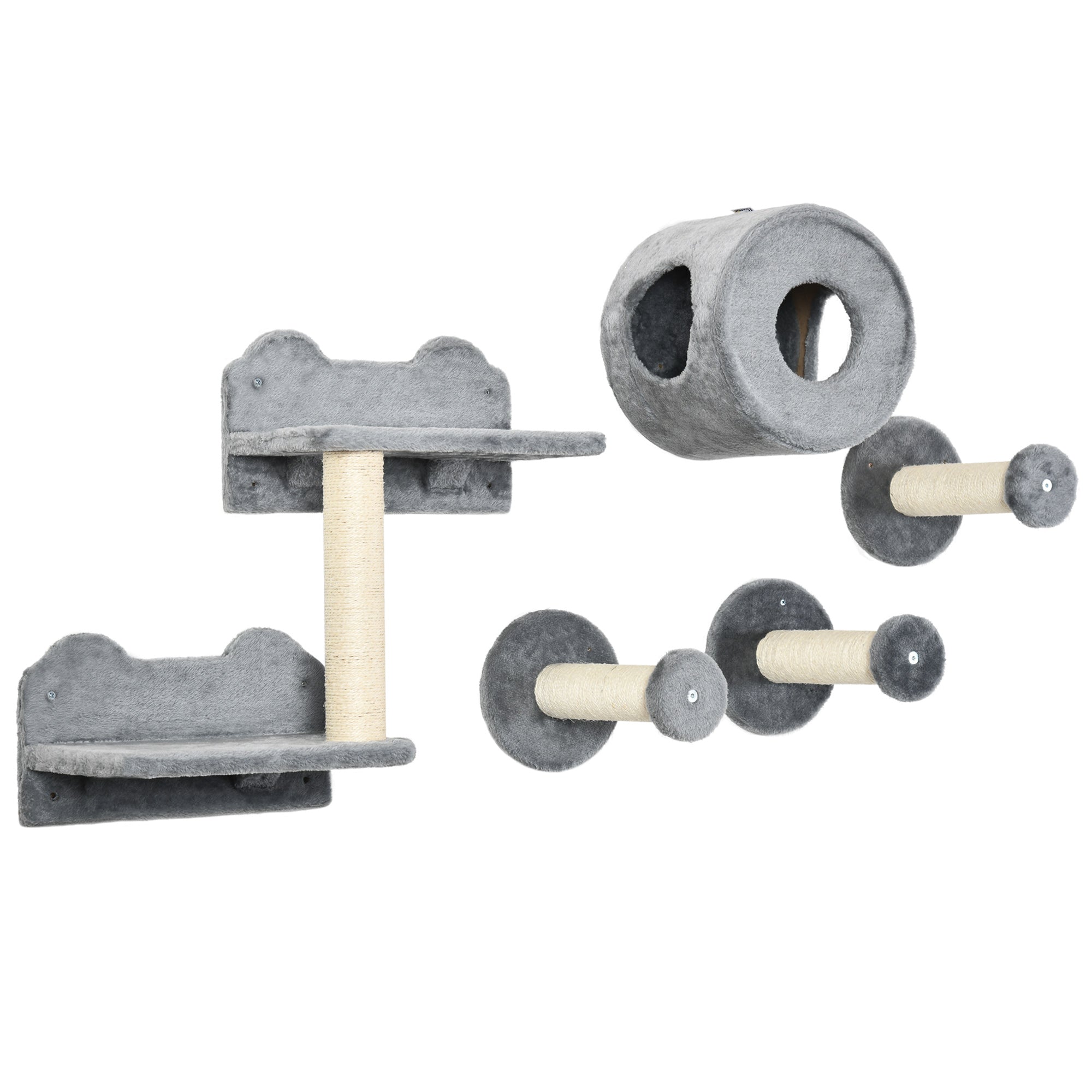 Cat Wall Shelves, 5PCs Cat Shelves with Scratching Post, Perches, Ladder, Steps, Condo, Wall Mounted Cat Climber, Grey