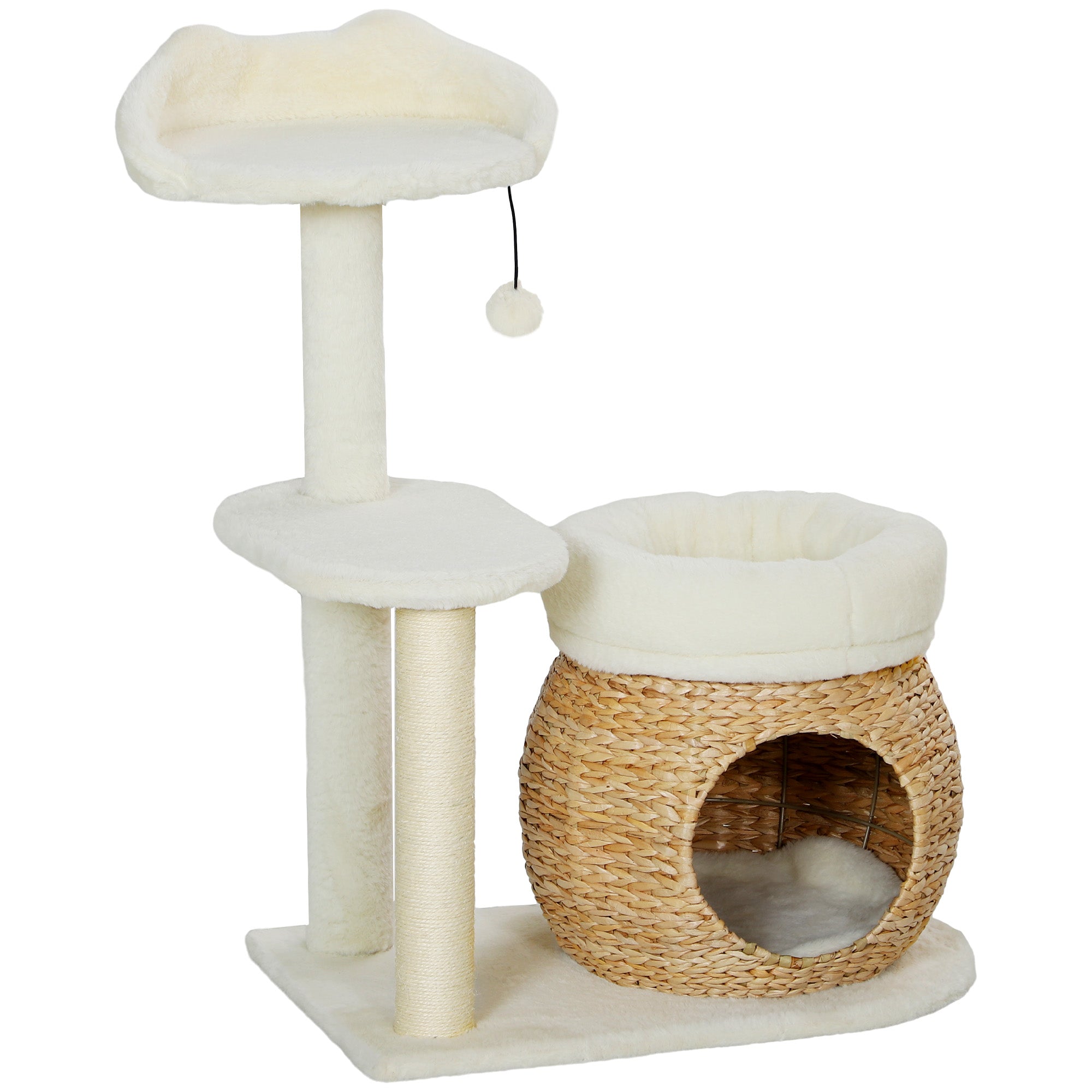 cat scratching post and bed 31-Inch Multi-Level Cat Tower with Sisal Posts, Condo, Bed & Toys in Cream  White