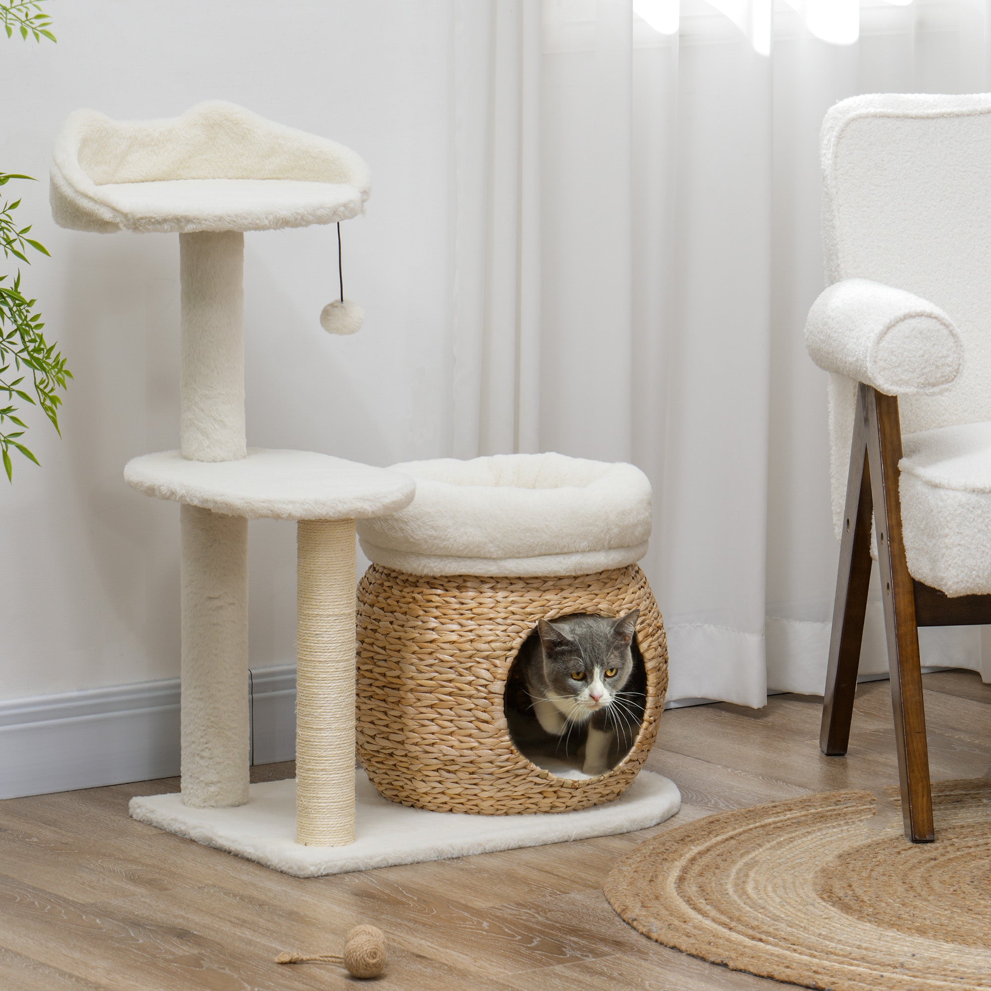 31" Cat Tree, Cat Tower with Sisal Scratching Posts, Cat Condo, Cat Beds, Platform, Toy Ball, Cat Activity Center for Indoor Cats, Cream White