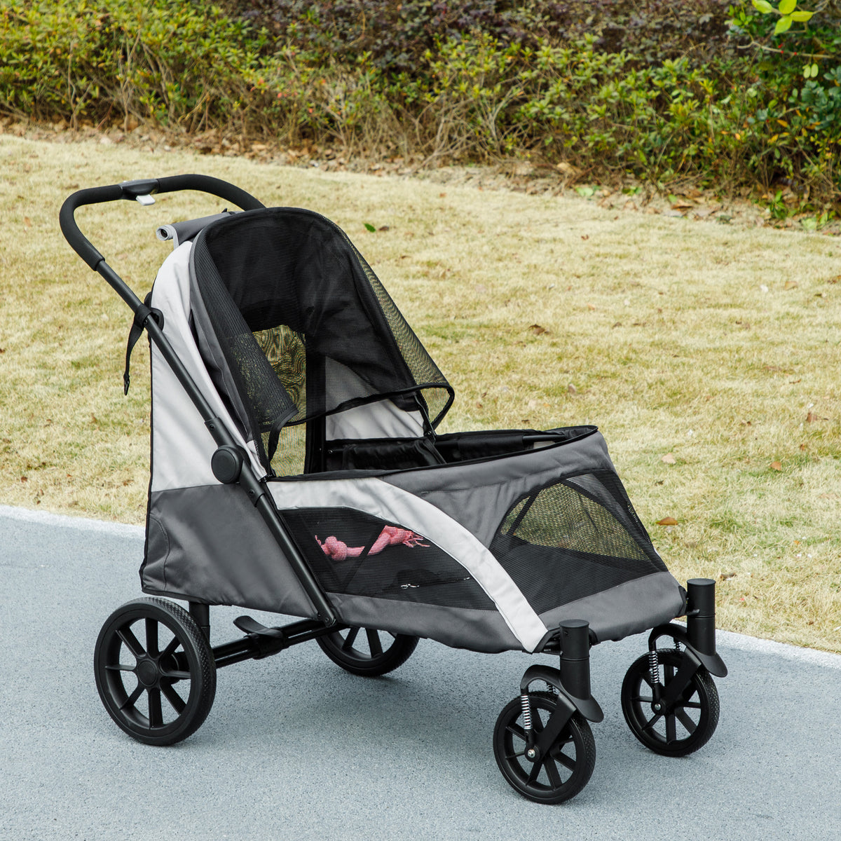 Pet Stroller for Small Medium Large Dogs and Cats, Foldable Dog Stroller with 4 Wheels, Shock-Absorbing Frame, Safety Leashes, Brakes, for Pets up to 66 lbs, Dark Grey