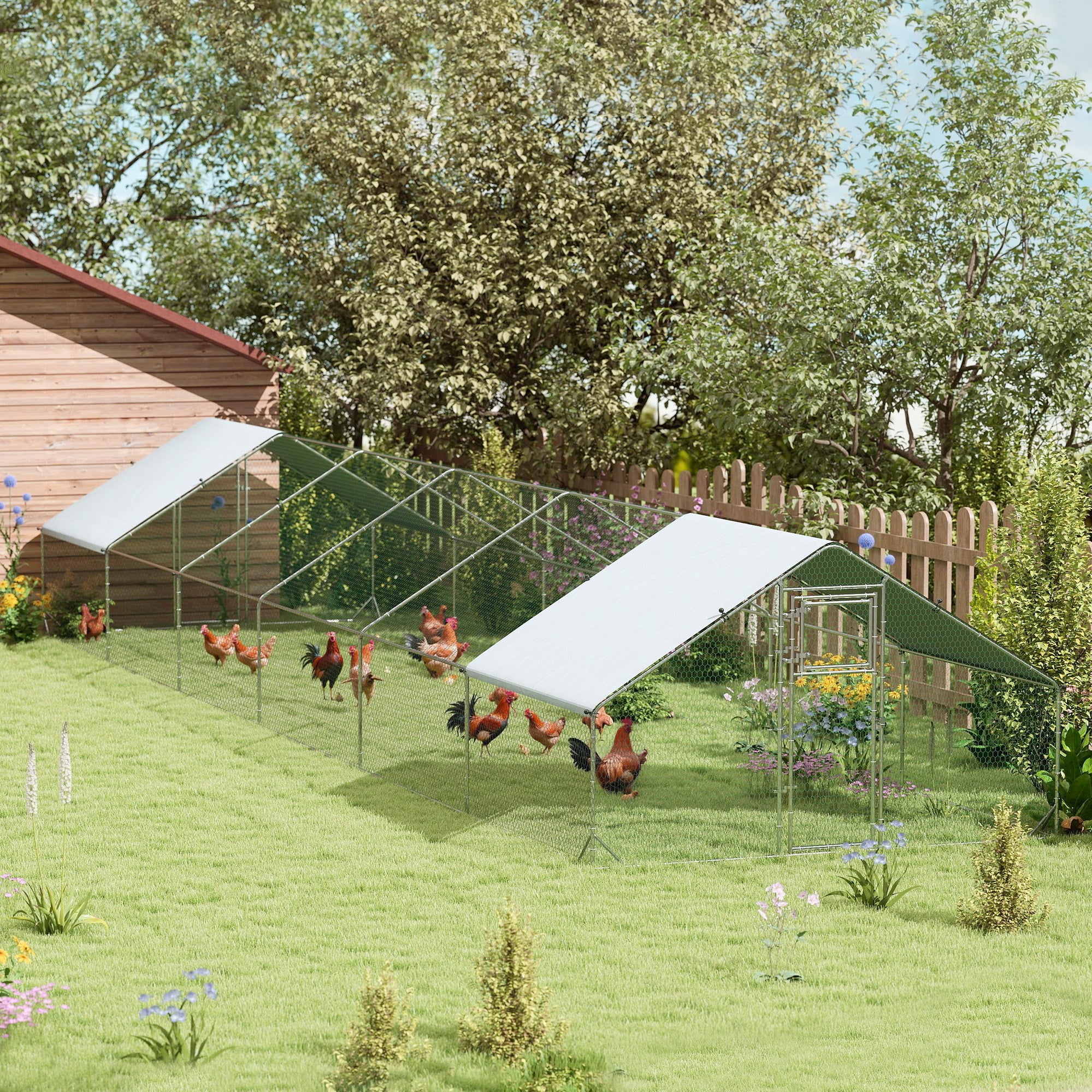 Large Chicken Coop Metal Chicken Run with Waterproof and Anti-UV Cover, Spire Shaped Walk in Fence Cage Hen House for Outdoor and Yard Farm Use, 1" Tube Diameter, 39' x 10' x 6.4'
